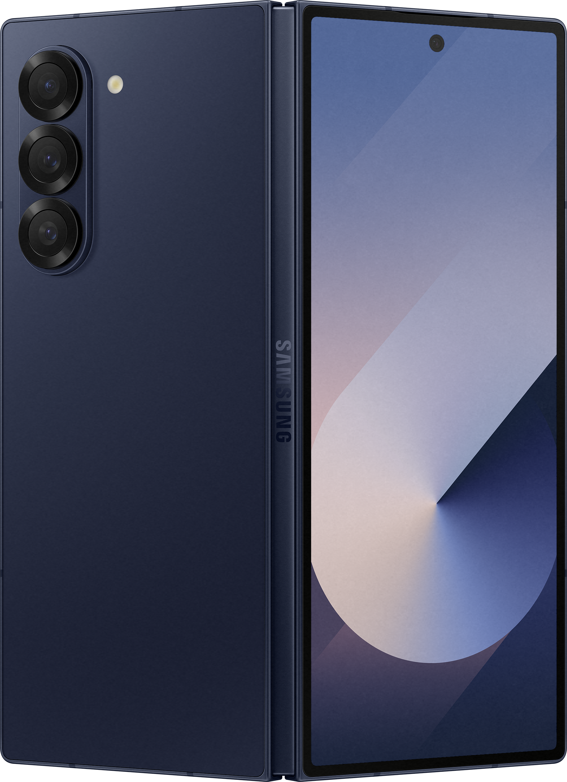 Telefono pieghevole blu navy, chiuso, con tre lenti della fotocamera, sfondo bianco.