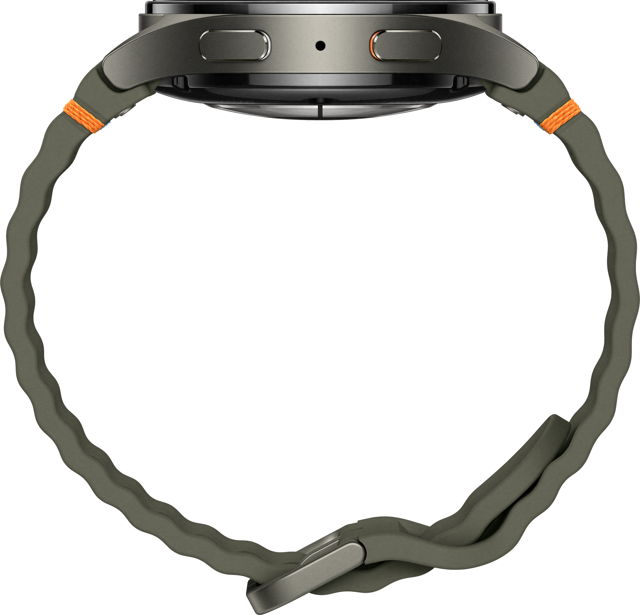 Un gros plan d'une montre connectée avec un bracelet vert et des accents orange.