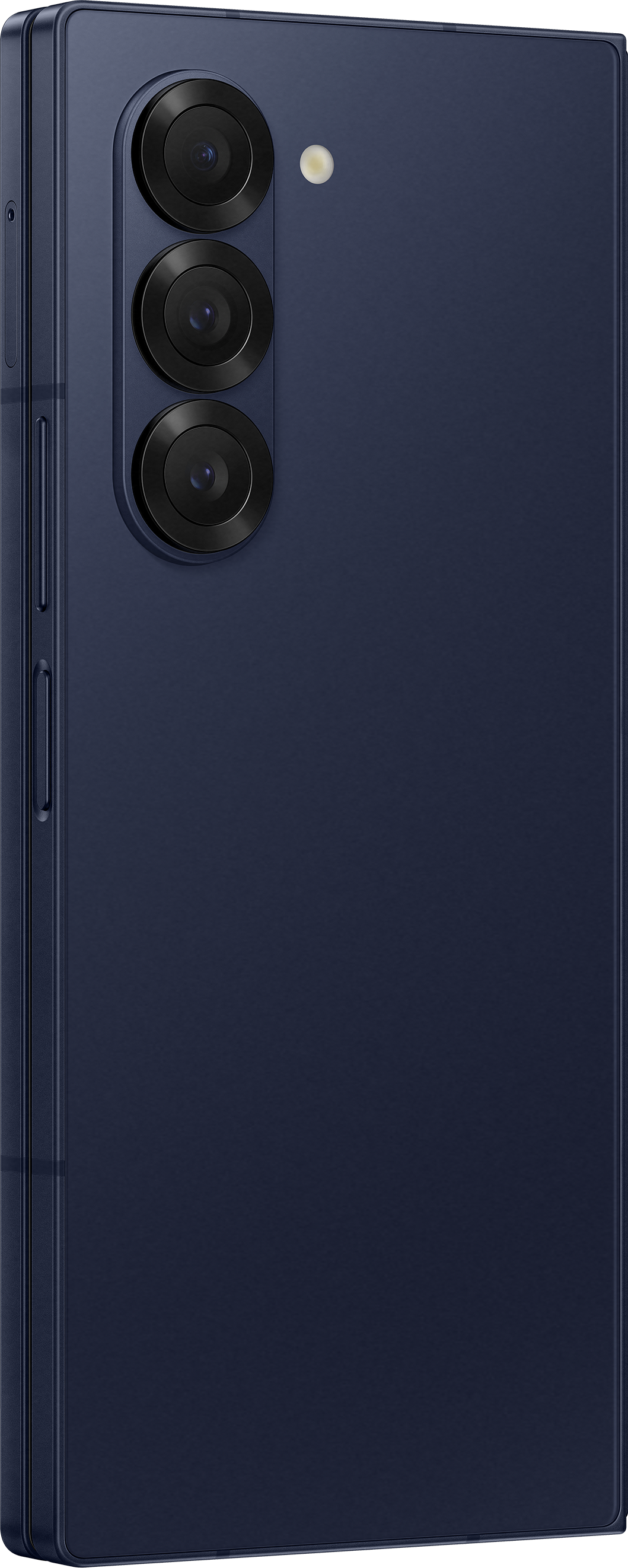 Smartphone blu scuro con tre fotocamere sul retro, profilo laterale visibile.