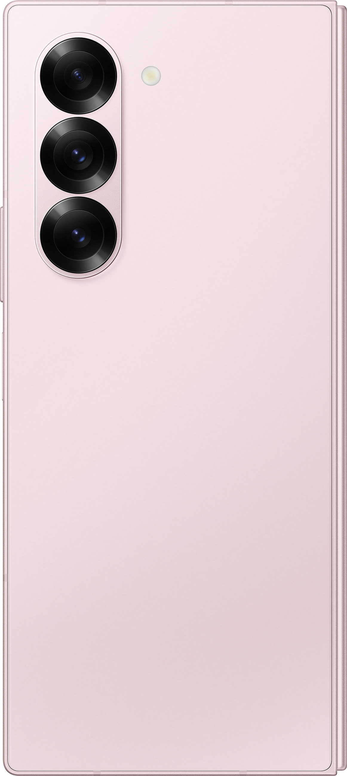 Uno smartphone pieghevole rosa con tre fotocamere e un flash sul retro, chiuso e posizionato su una superficie.