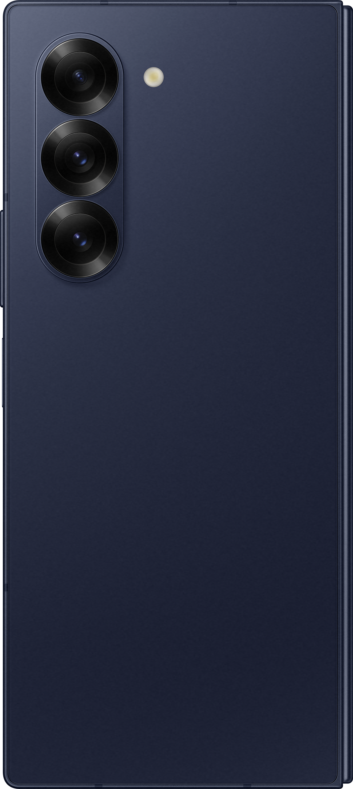 Telefono blu navy pieghevole con tre fotocamere posteriori. Il retro è liscio, blu scuro.