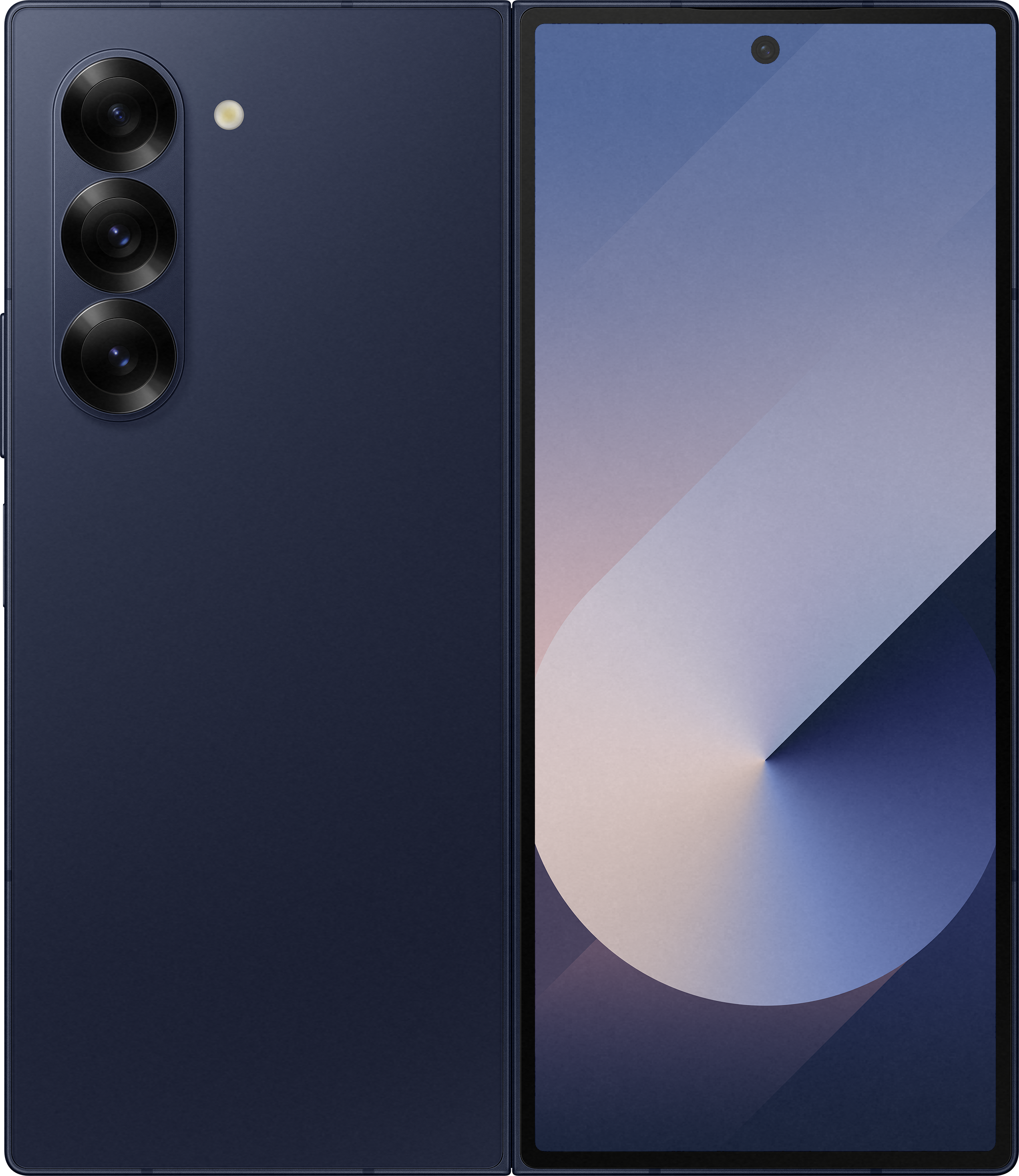 Telefono pieghevole, esterno blu navy, aperto, che mostra lo schermo, sfondo bianco.