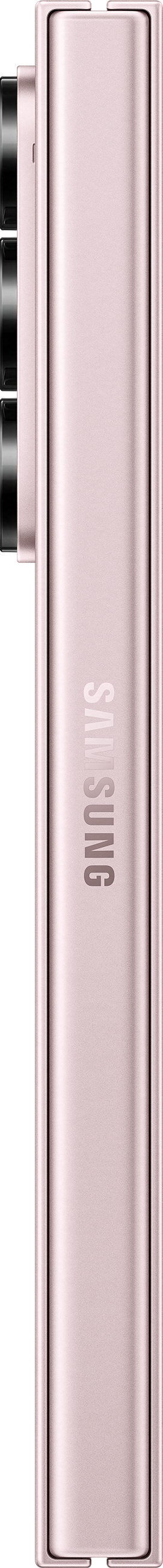 Telefono pieghevole, rosa, chiuso, logo Samsung, vista laterale, su sfondo bianco.
