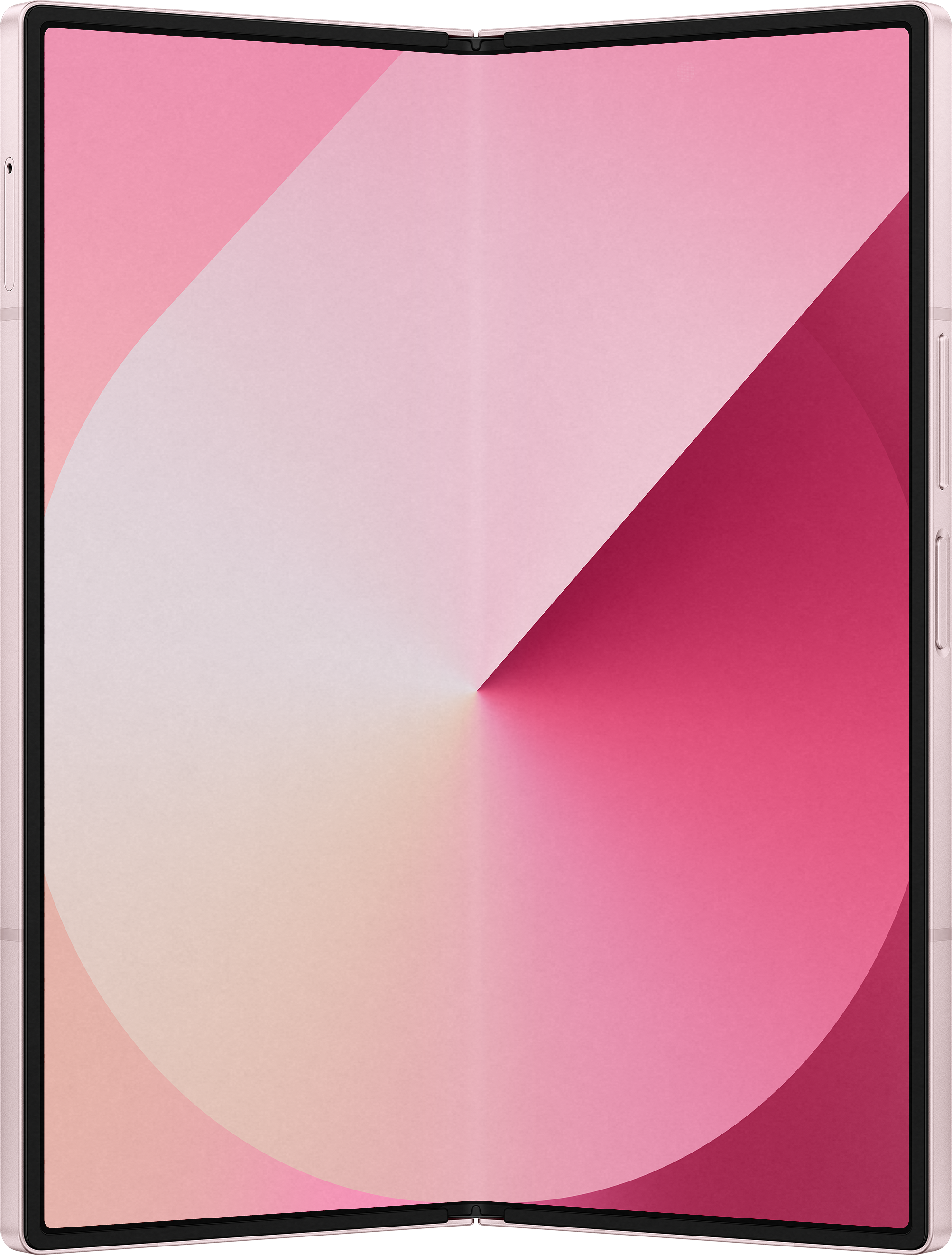 Pinkes Samsung Galaxy Z Fold offen, zeigt pinkfarbenen Farbverlauf.
