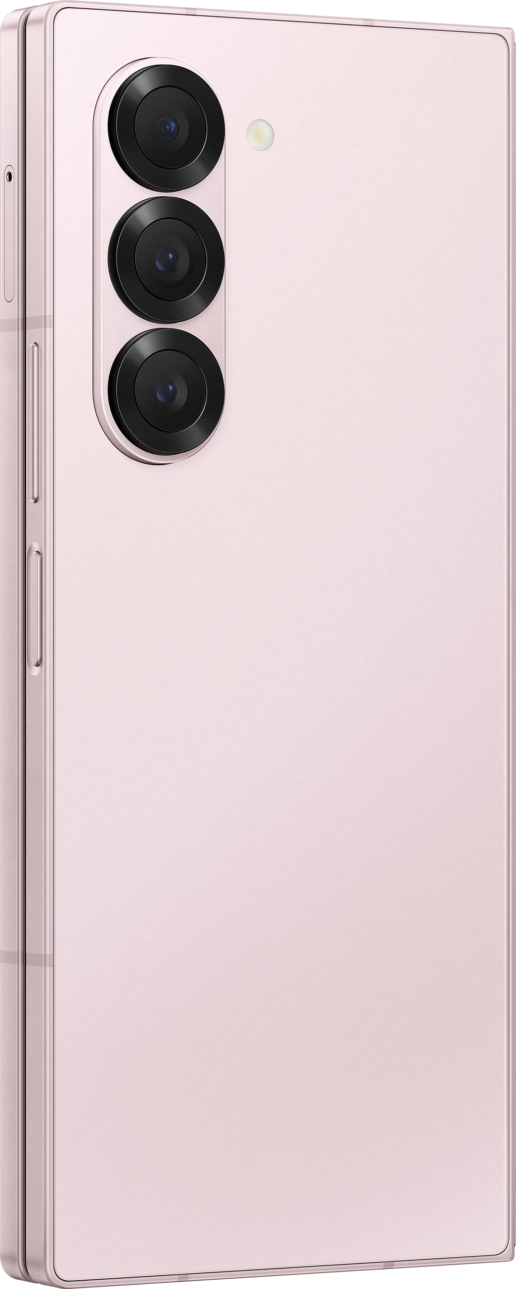 Gefaltetes pinkfarbenes Smartphone, Rückseite mit drei Kameras, Seitenprofil und Scharnier.