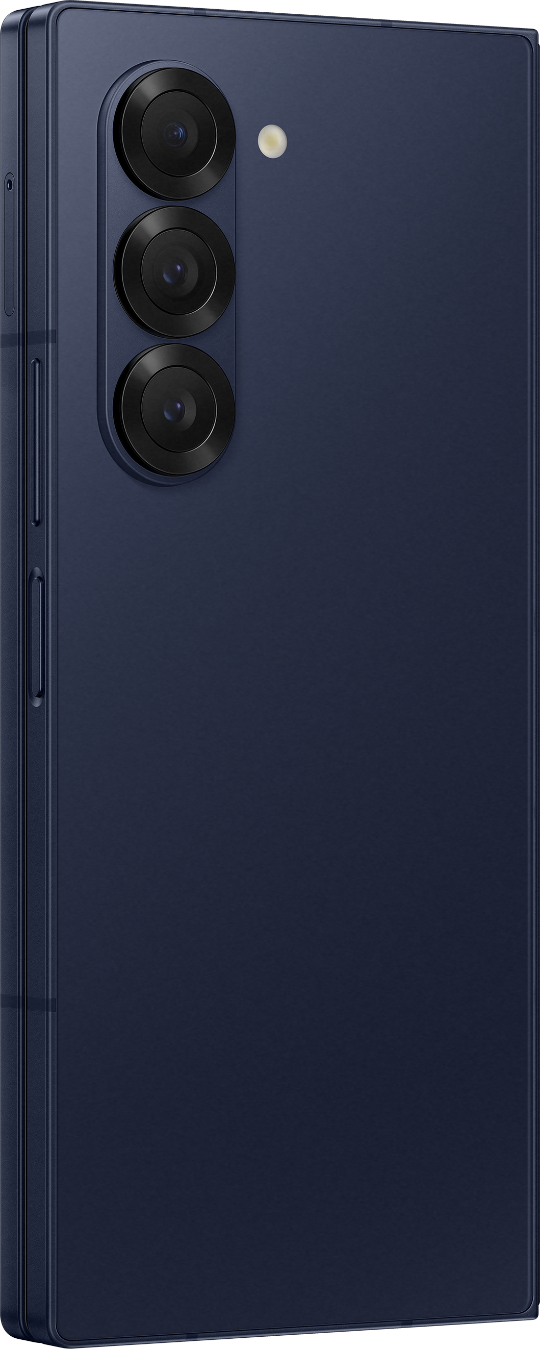 Un telefono blu scuro di lato. Tre obiettivi della fotocamera sono visibili.
