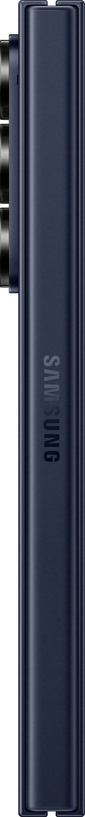 Vista laterale di un telefono blu navy, sfondo nero. Logo Samsung visibile.