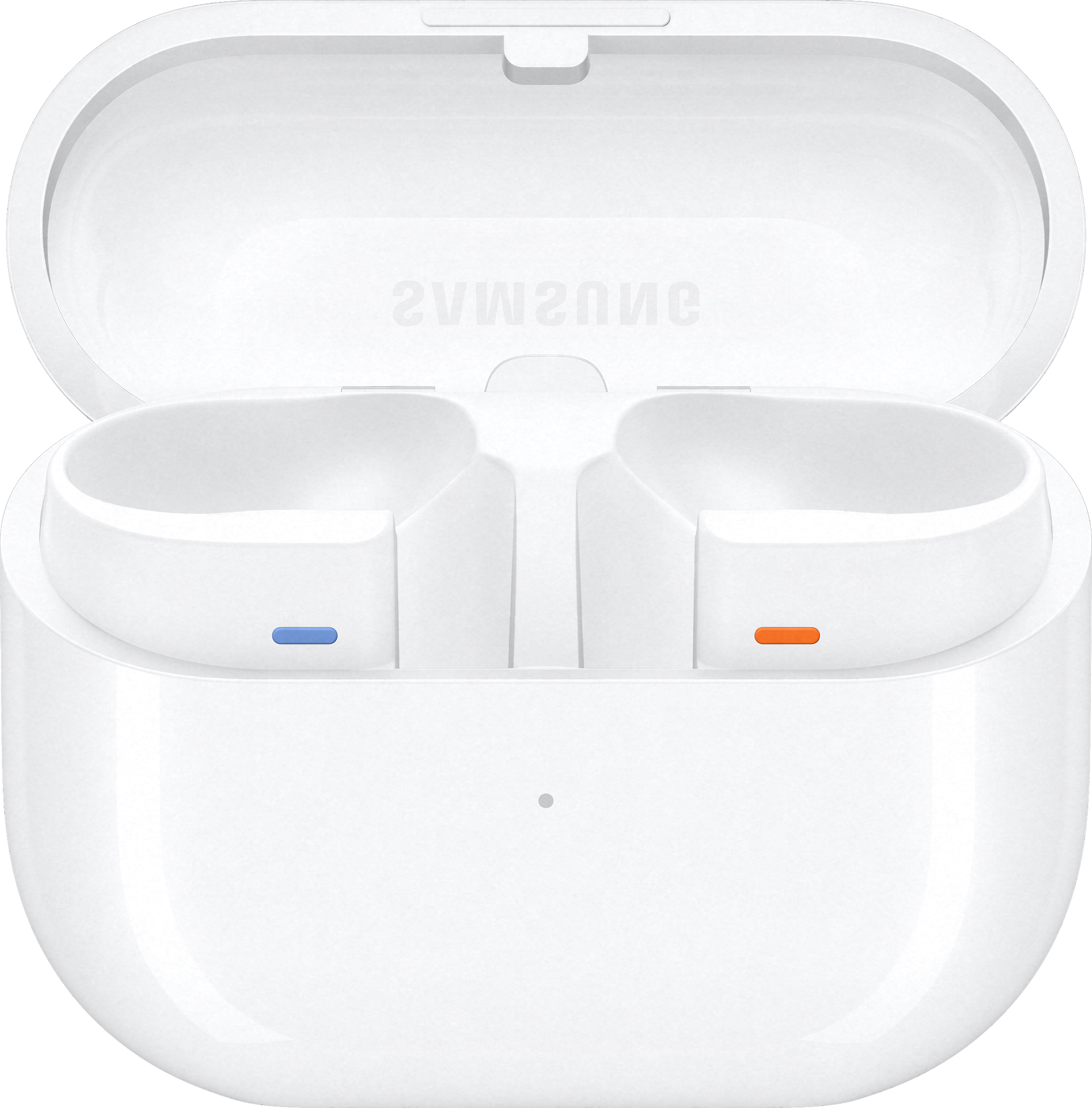 Étui de chargement d'écouteurs blanc, ouvert, avec un point bleu et un point orange à l'intérieur.