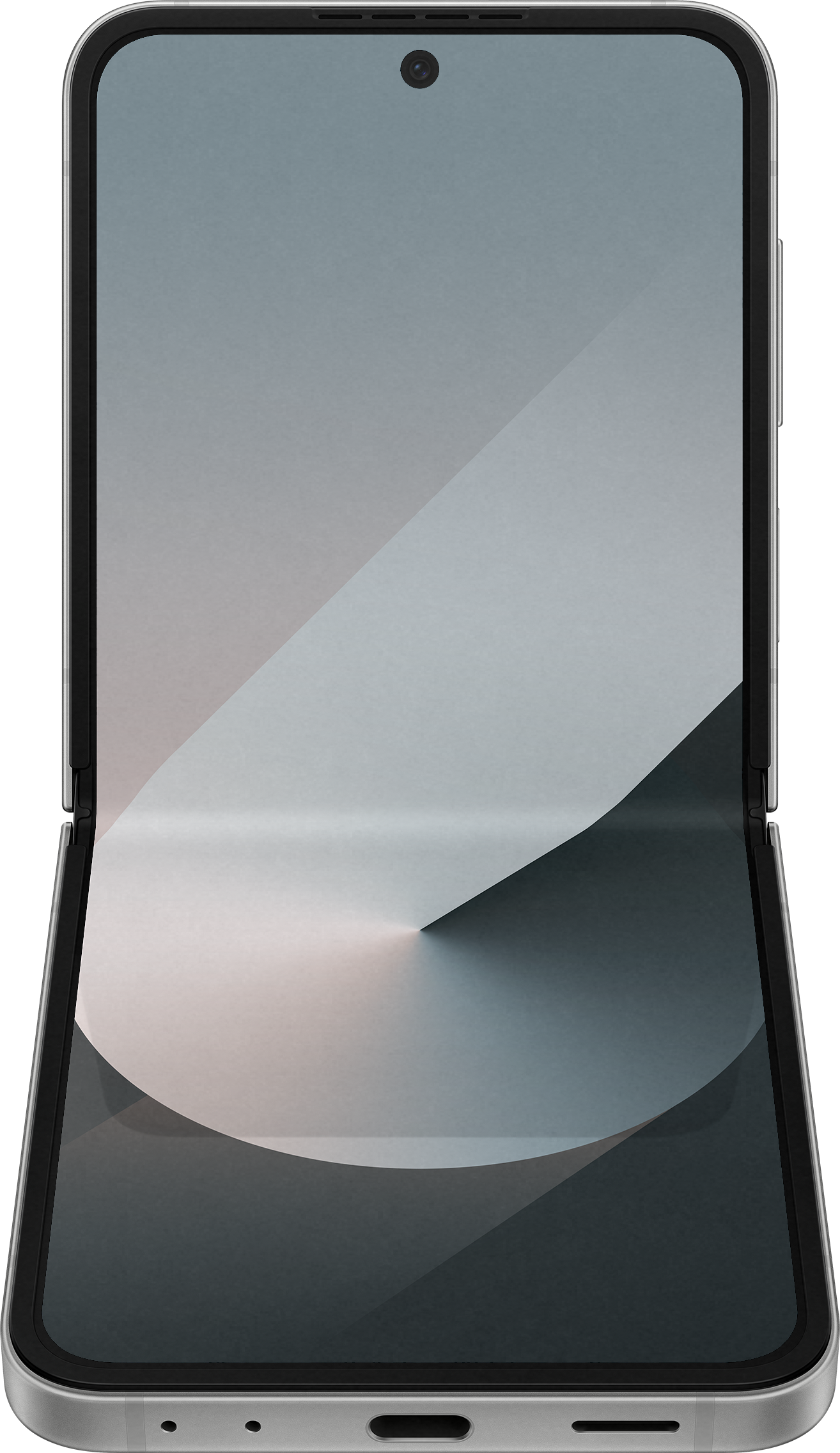 Un téléphone pliable argenté, montrant l'écran avec un fond dégradé.