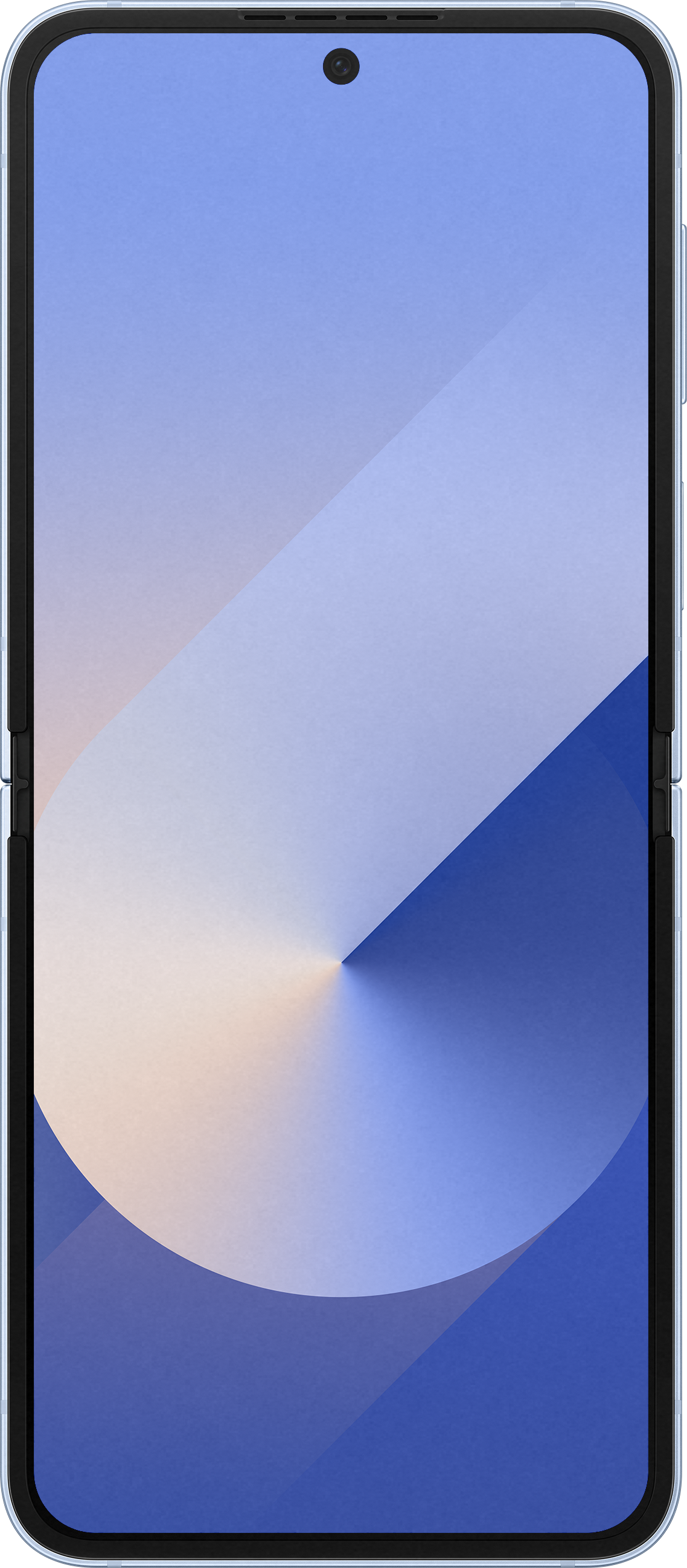Faltbares Telefon mit blauem Bildschirm, schwarzem Rahmen. Telefon ist teilweise geöffnet.