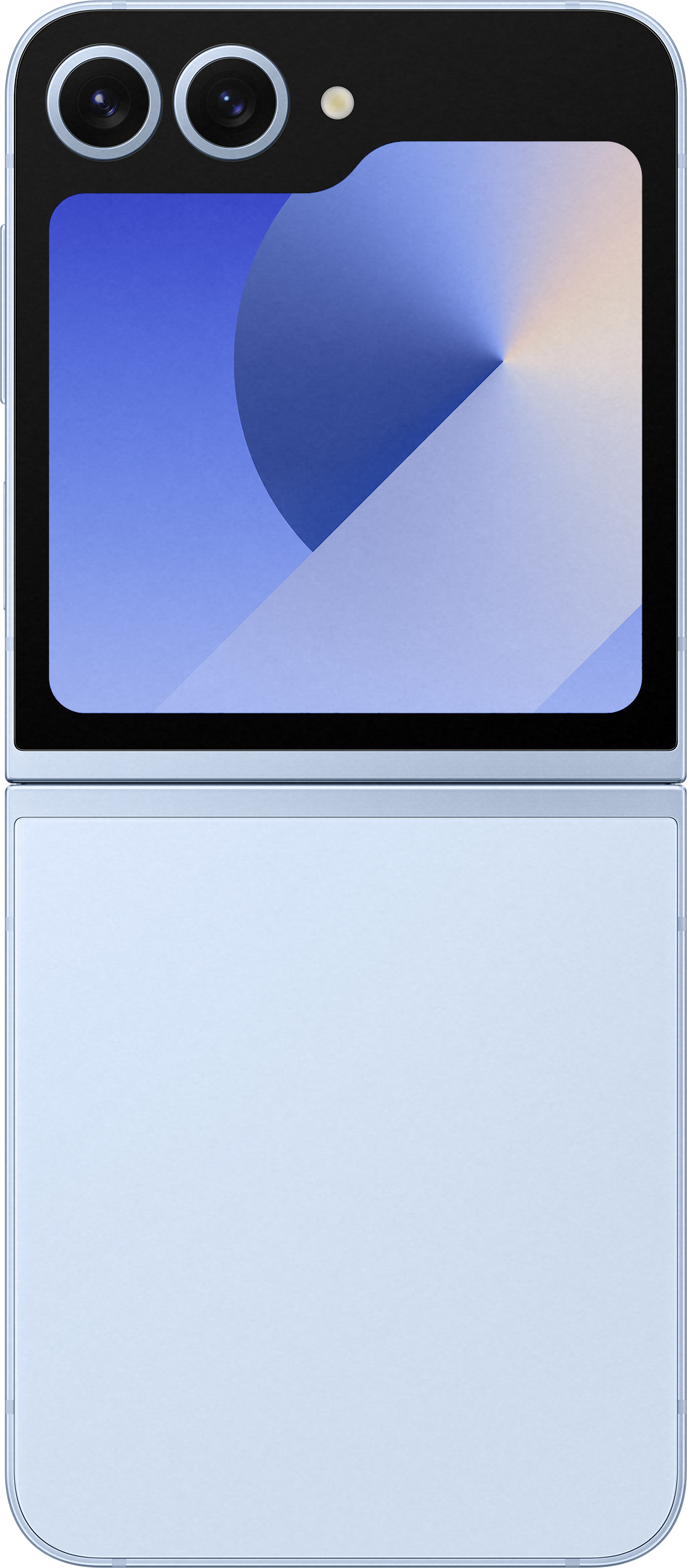 Blaues faltbares Telefon, offen. Obere Hälfte blau, untere Hälfte weiß. Schwarzer Rahmen.