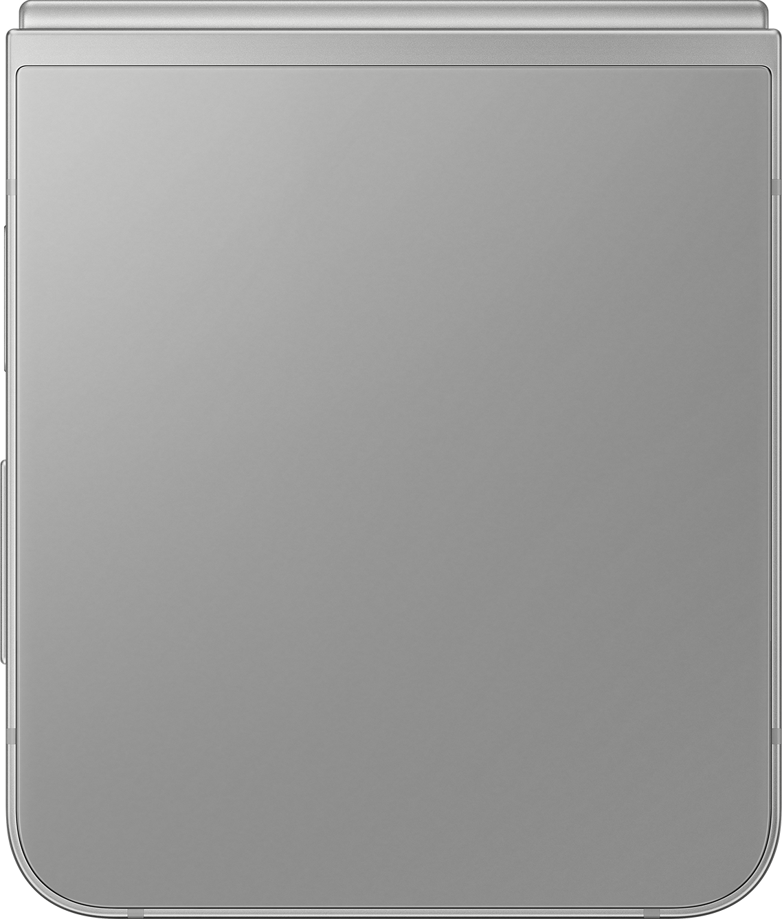 Un téléphone plié, gris argenté. L'écran fermé est plat.