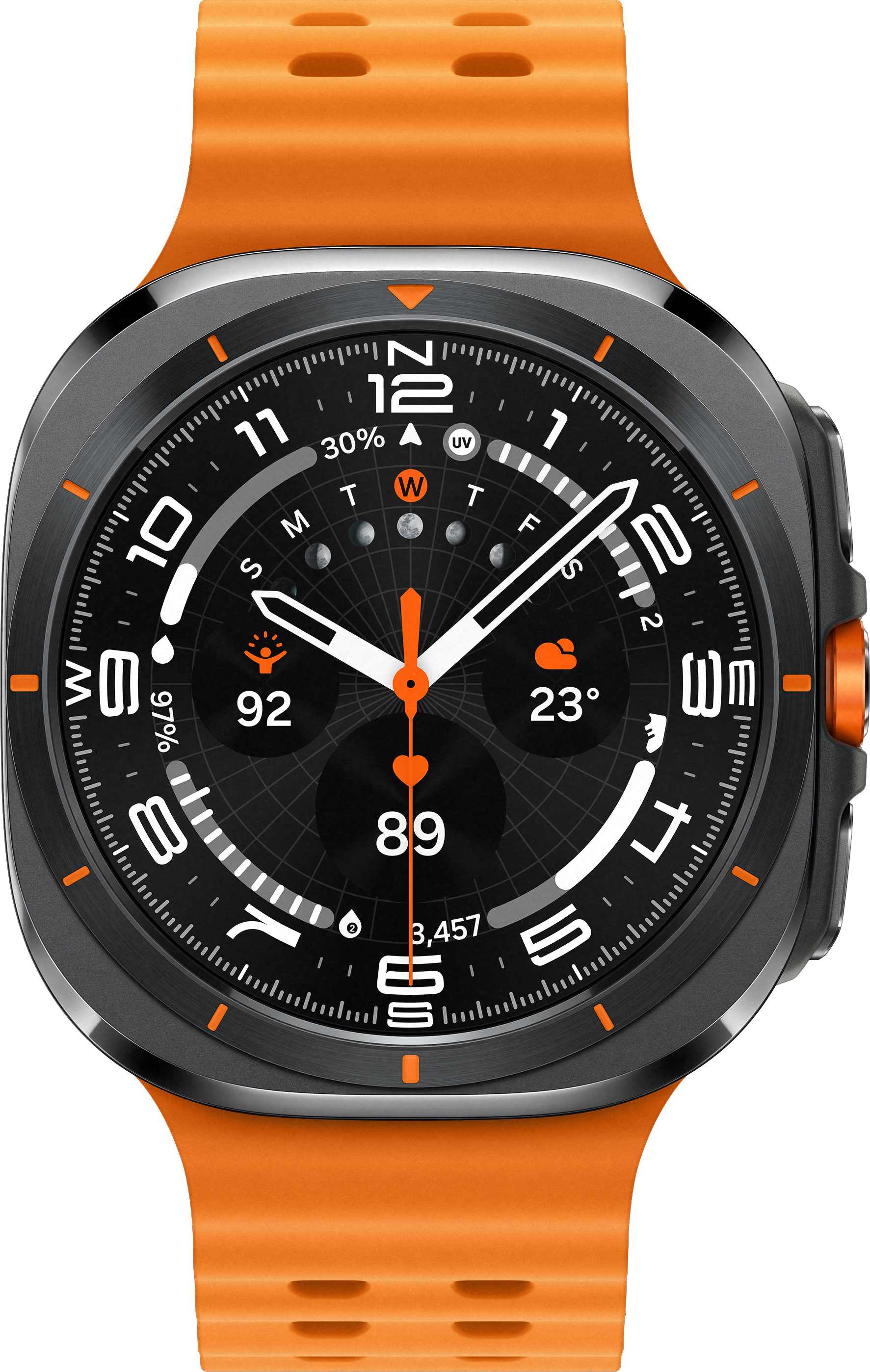 Smartwatch, bracelet orange, cadran noir avec diverses données, affichage numérique.