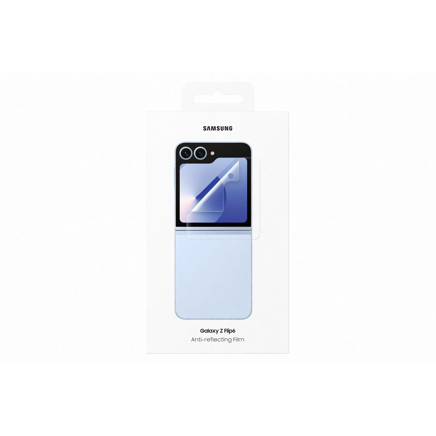 Witte doos met een blauwe schermbeschermer voor de telefoon en een telefoonillustratie.
