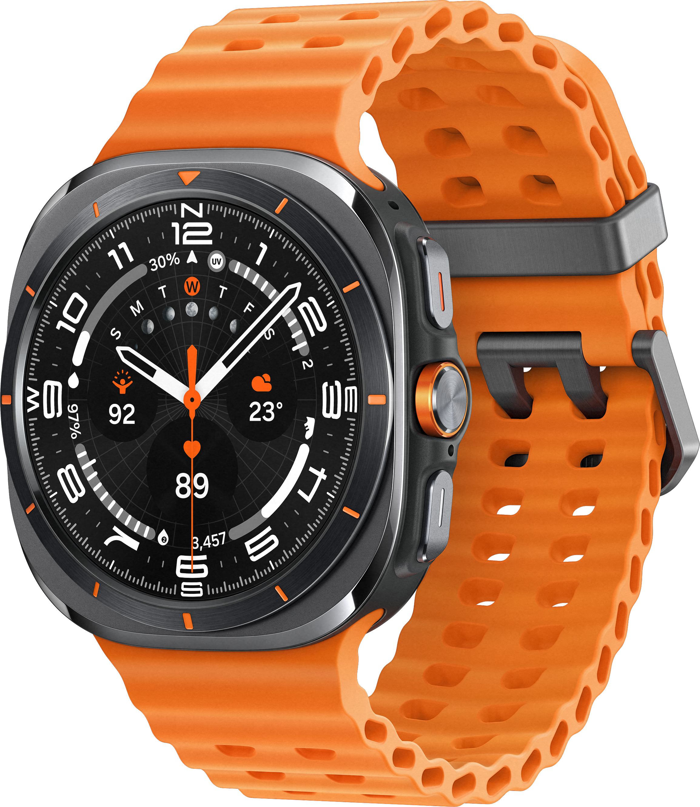 Une montre connectée avec un bracelet orange et un cadran noir affichant l'heure et des données. La lunette est grise.