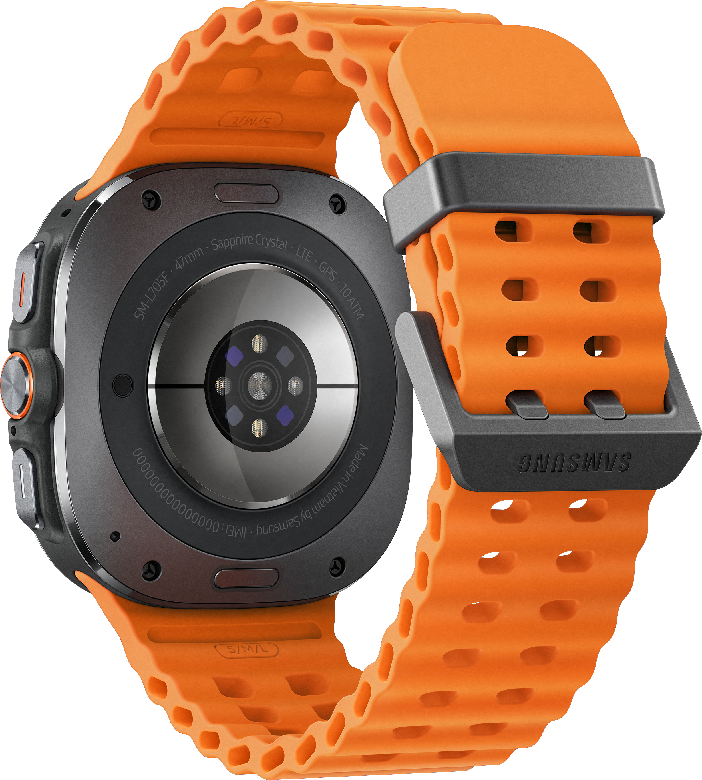 Smartwatch orange avec cadran et bracelet noirs, fond noir.
