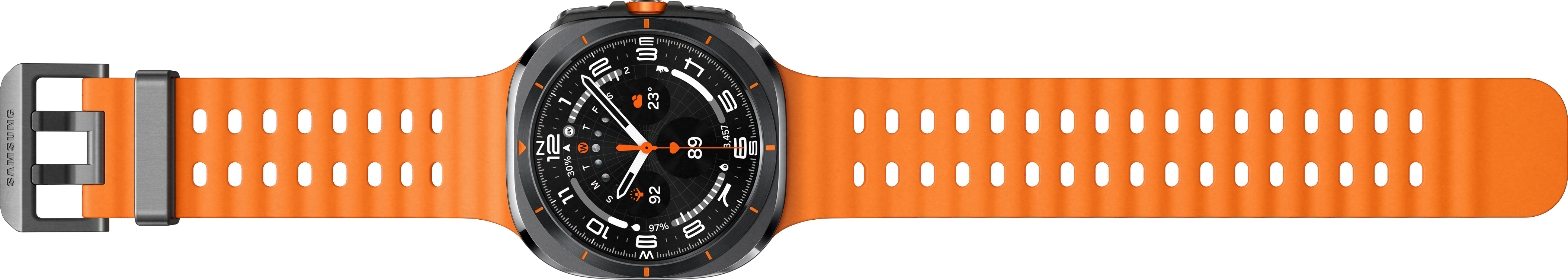 Une montre noire avec un bracelet orange et des accents orange.