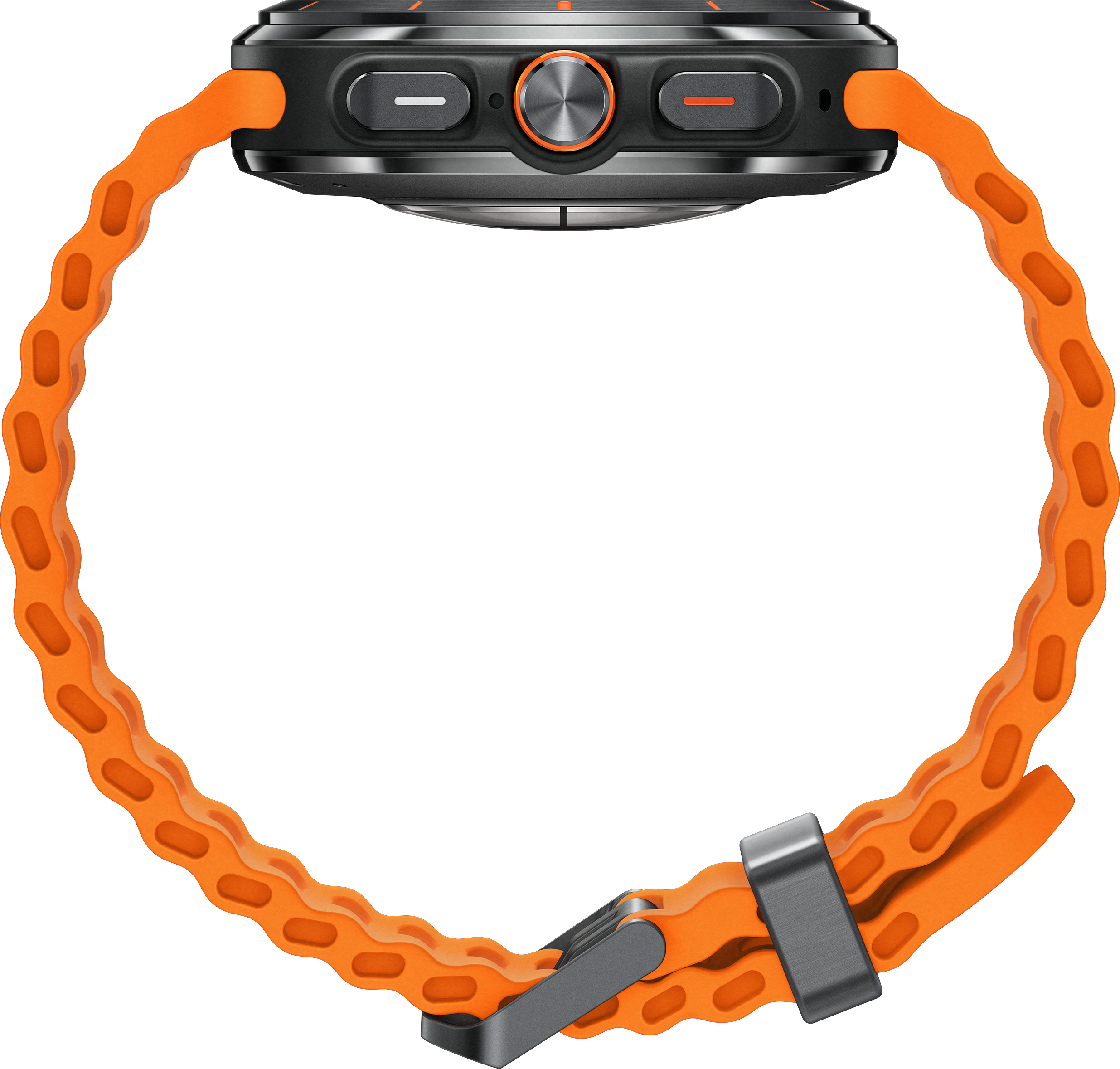 Une montre noire ronde avec un bracelet orange, sur fond noir.