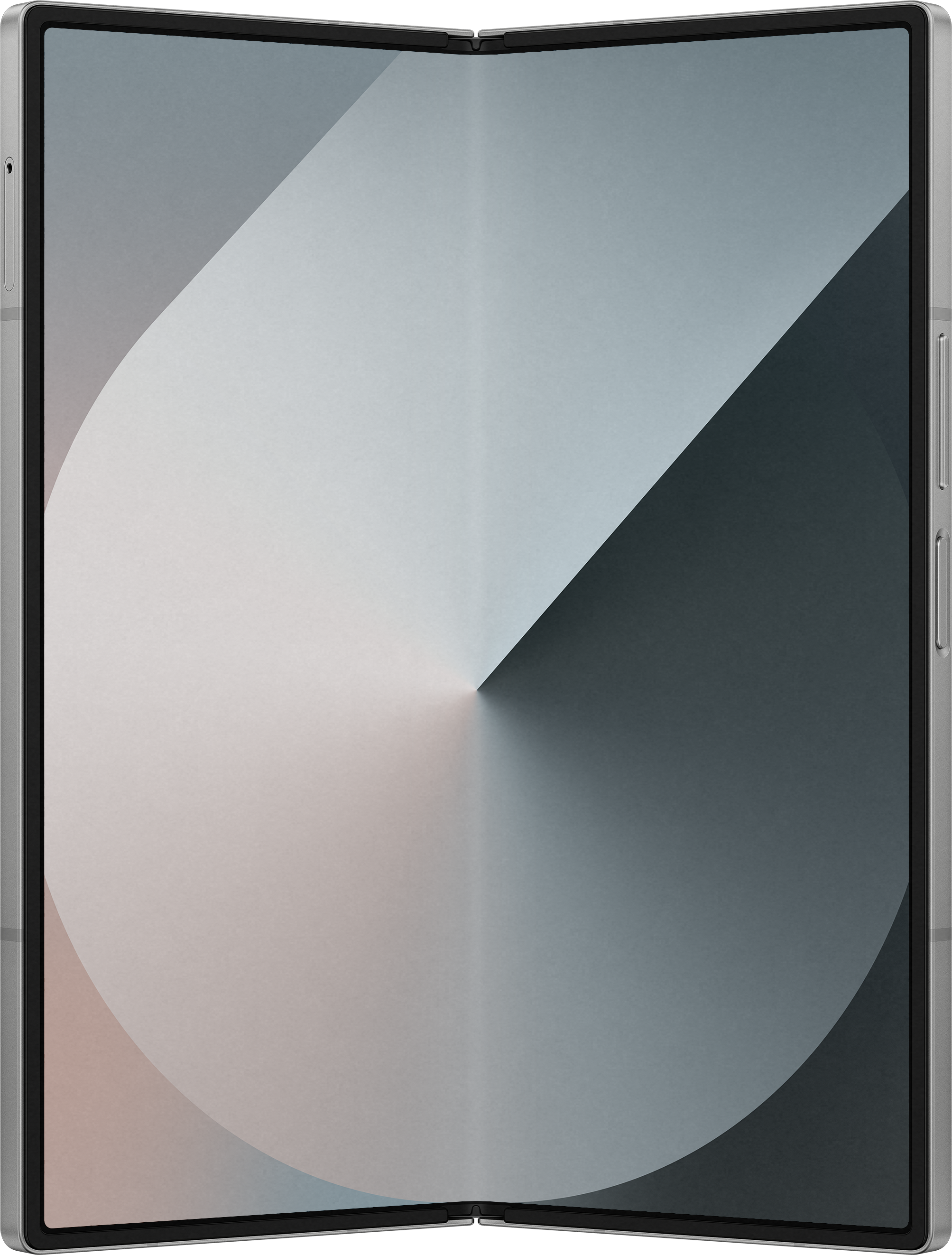 Galaxy Z Fold aperto, mostra lo schermo, sfondo bianco.
