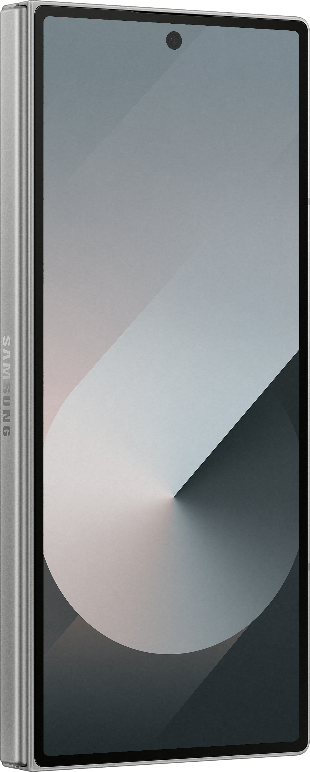 Telefono argento Samsung Galaxy Z Fold6, piegato. Mostra un display sfumato. Marchio Samsung visibile.