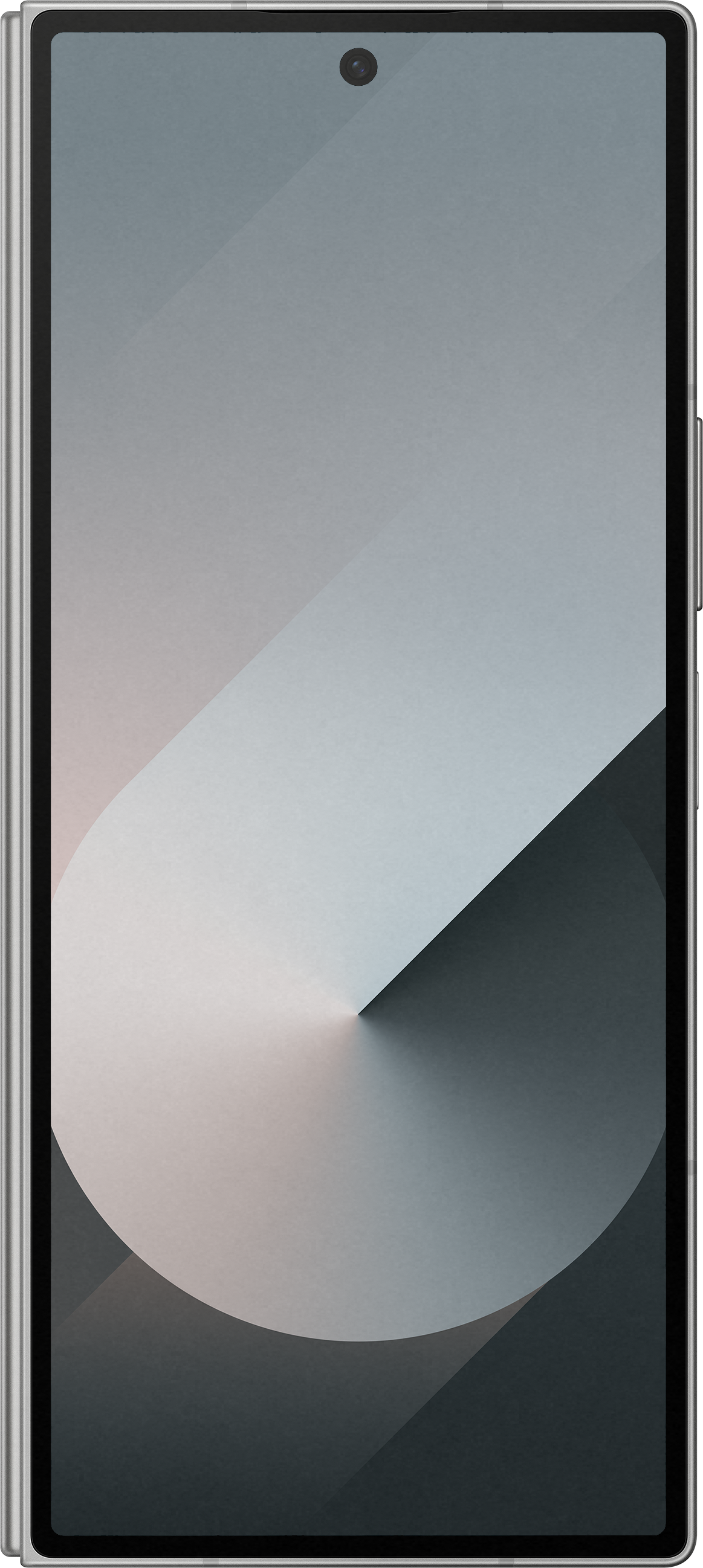 Telefono pieghevole, aperto, con schermo che mostra un design sfumato. Sfondo bianco.