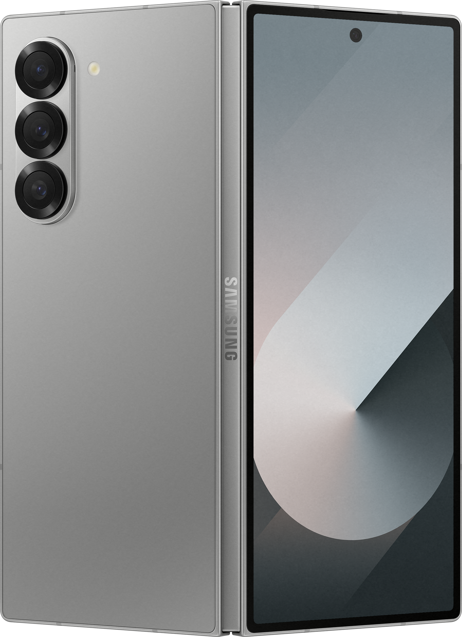 Telefono pieghevole argento, aperto. Mostra schermo grande con design sfumato.
