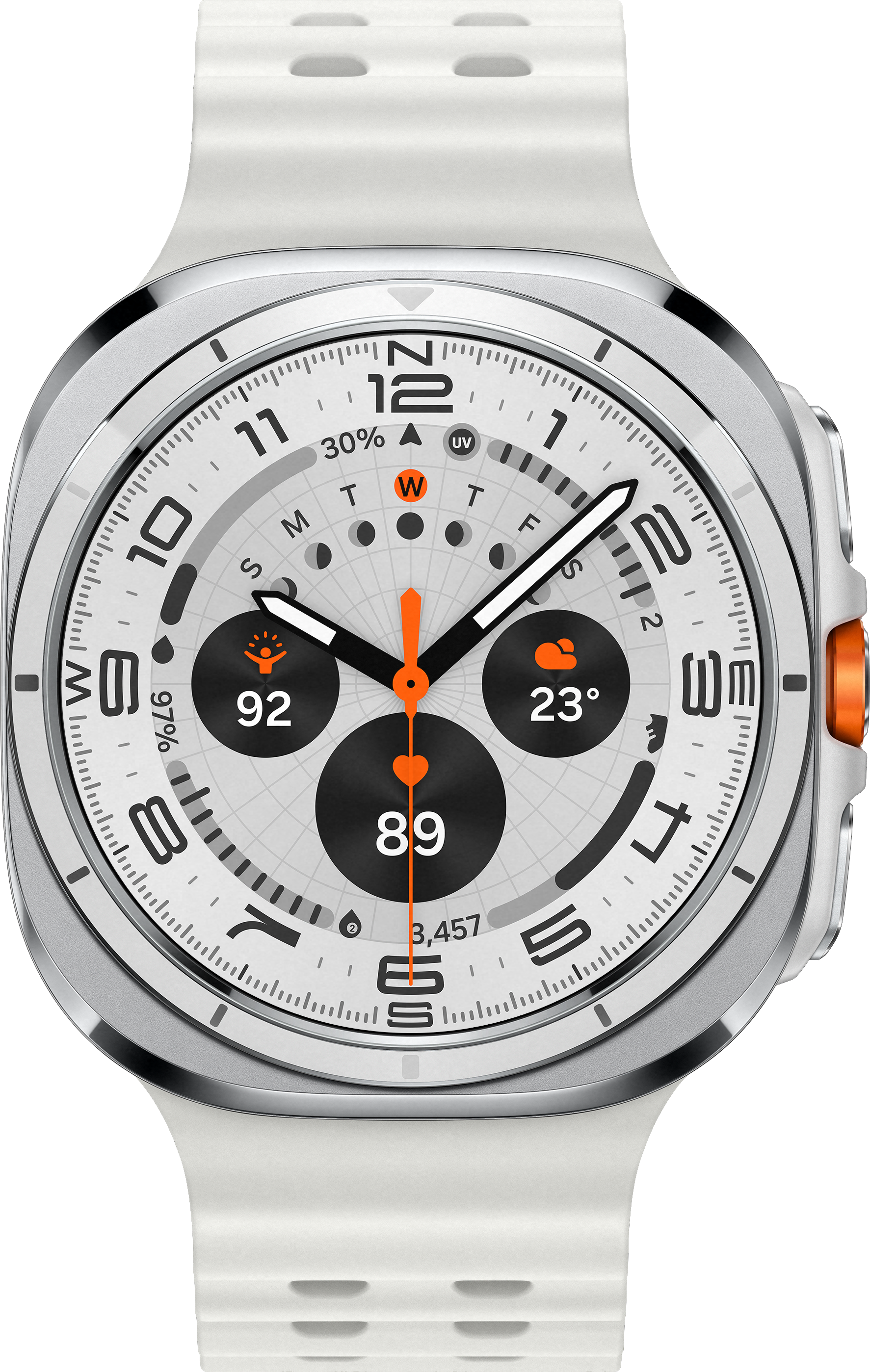 Montre connectée blanche avec bracelet blanc, affichage numérique avec anneau orange.