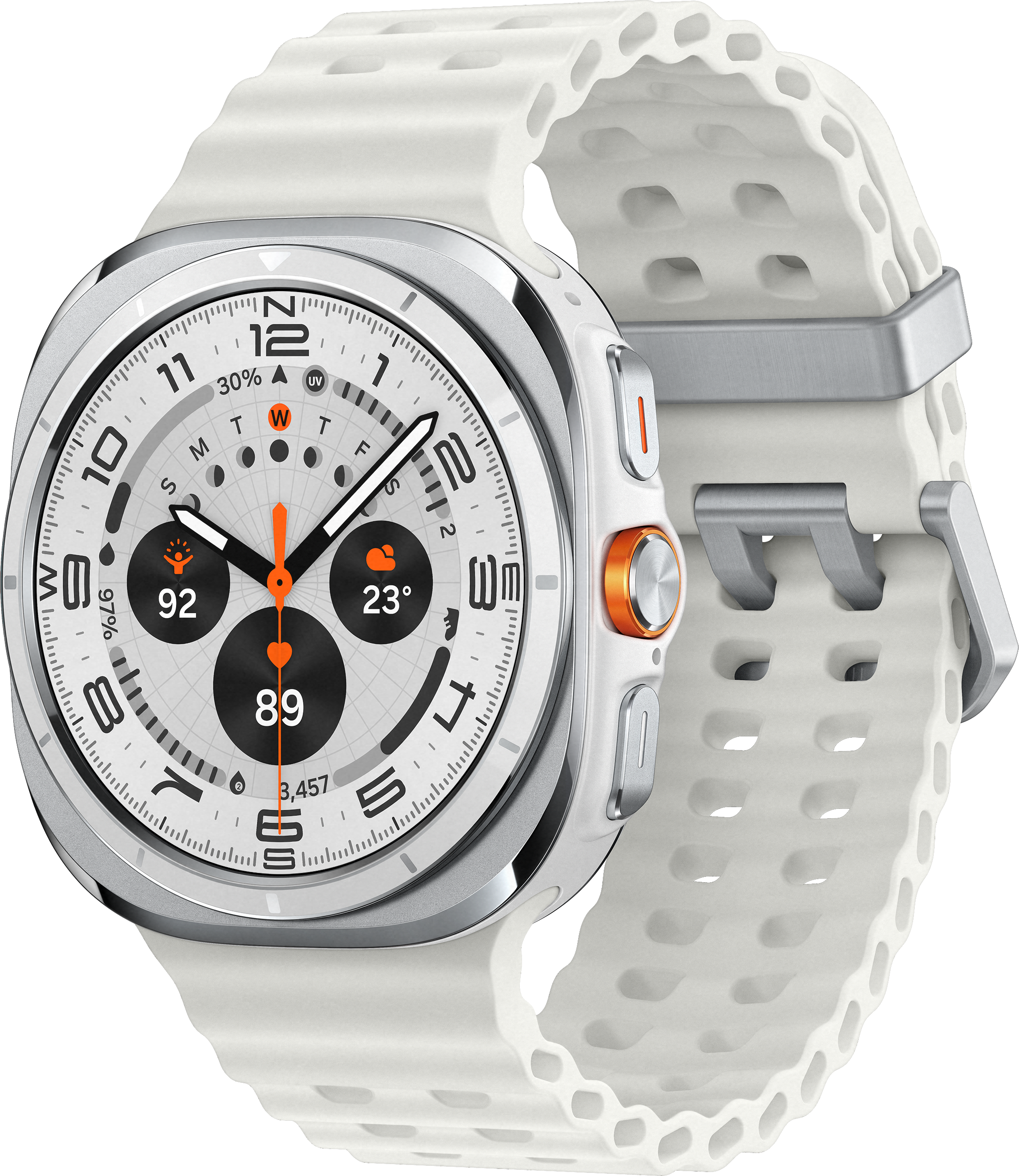 Smartwatch blanche avec affichage numérique, bracelet blanc et bouton orange latéral.
