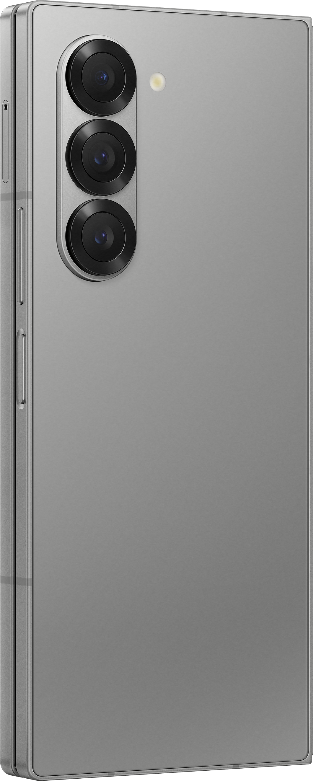 Telefono pieghevole, colore argento. Tre fotocamere nere impilate verticalmente. Vista posteriore.