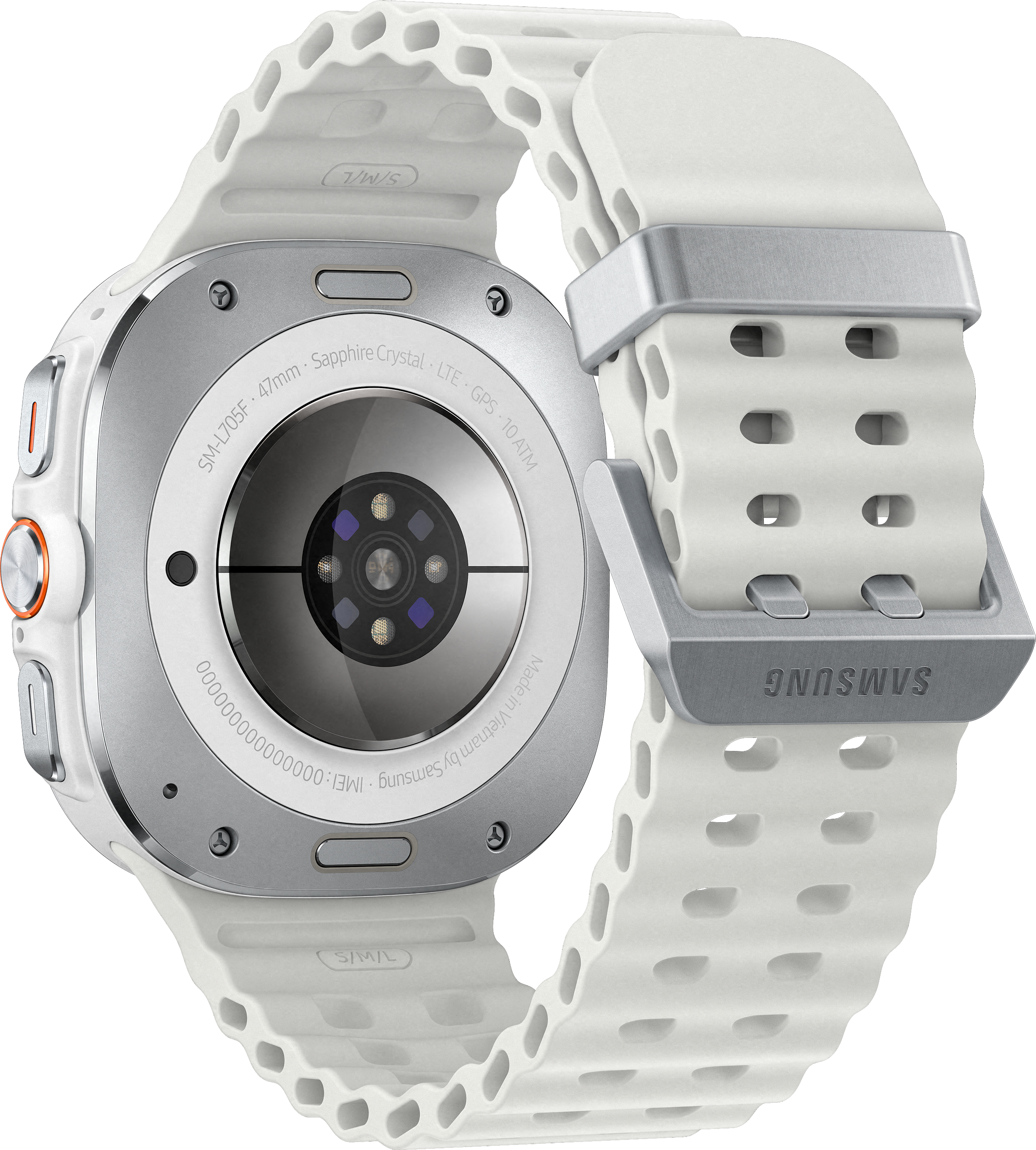 Dos de montre connectée blanche avec bracelet blanc, boucle argentée et capteurs.
