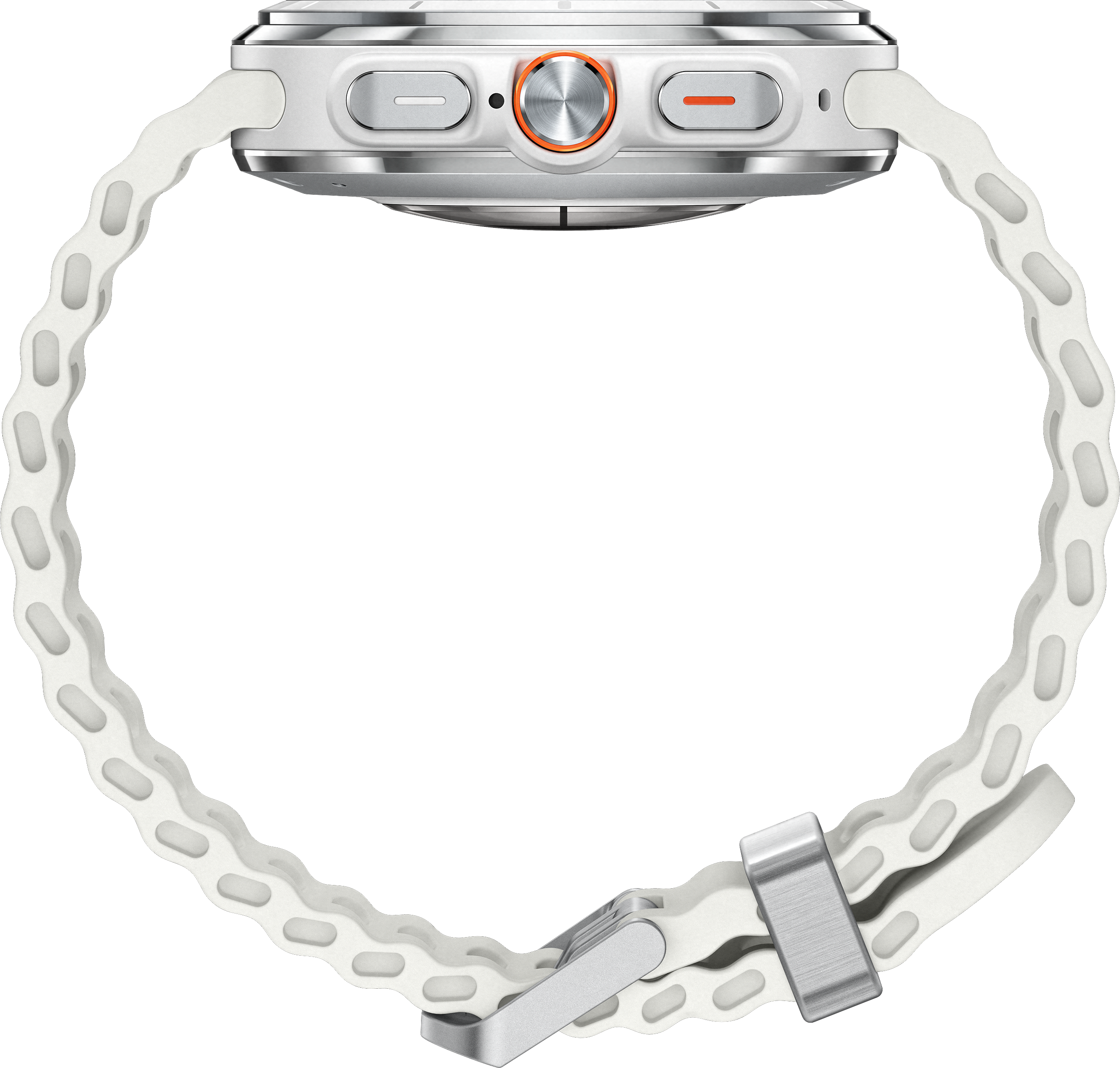 Vue latérale d'une montre connectée avec bracelet blanc, fond noir.