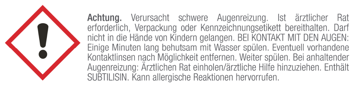 Warnsymbol und Text auf Deutsch über Augenreizung und mögliche allergische Reaktionen.