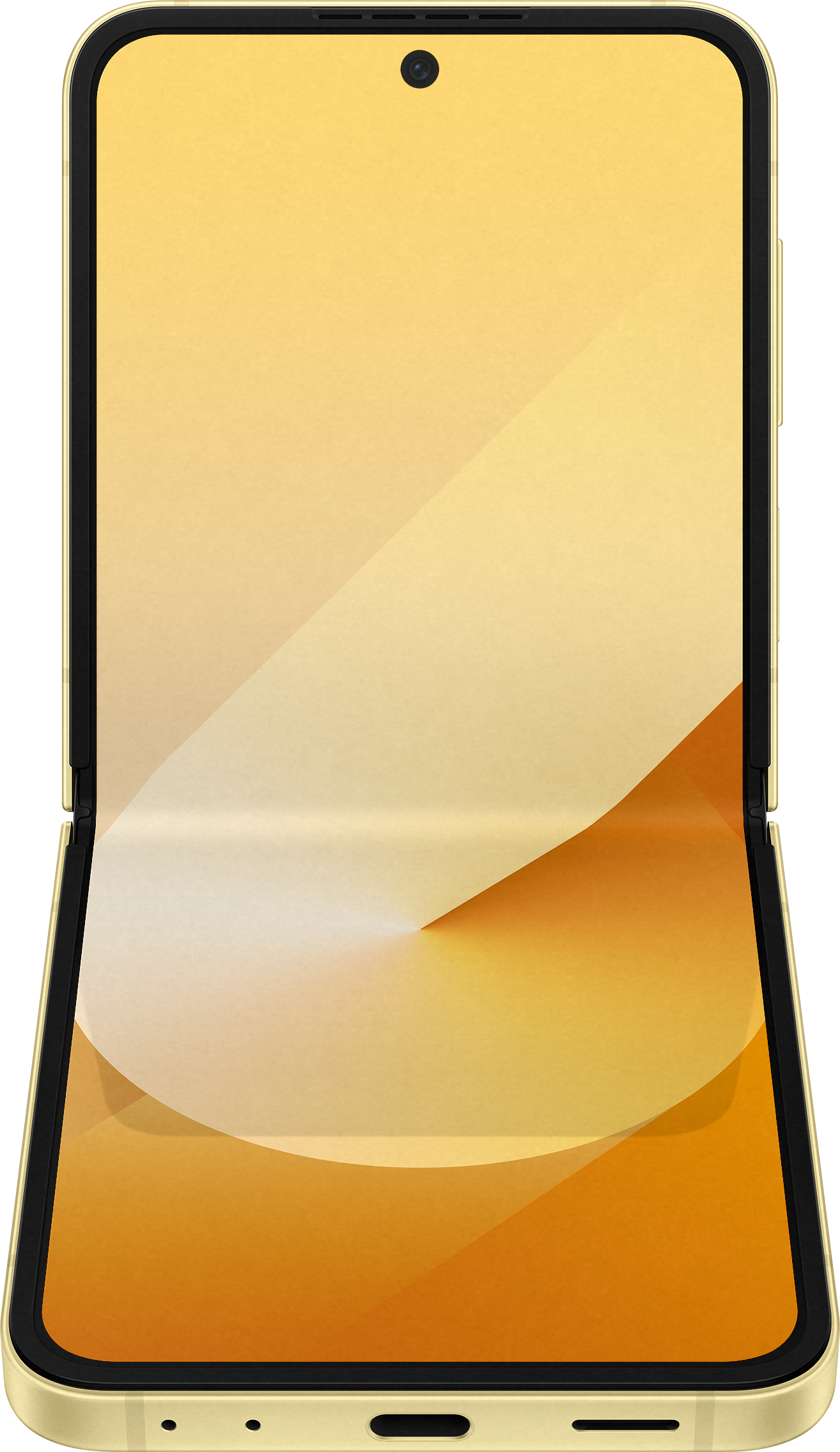 Un téléphone Samsung doré ouvert est montré. Le téléphone est sur fond blanc. L'écran est doré.