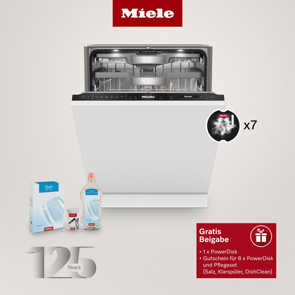 Ein weißer Miele-Geschirrspüler mit schwarzem Bedienfeld. Er hat ein Werbeangebot an der Seite.