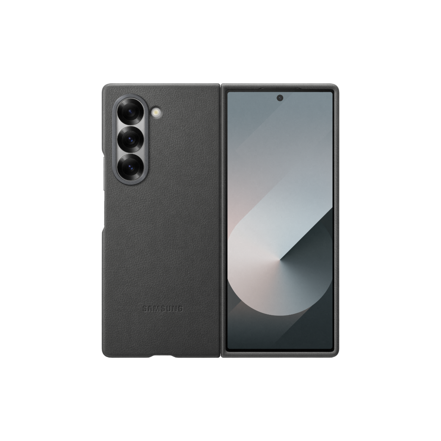 Grijze Samsung Galaxy Z Fold. Gesloten, drievoudige camera, Samsung logo zichtbaar.