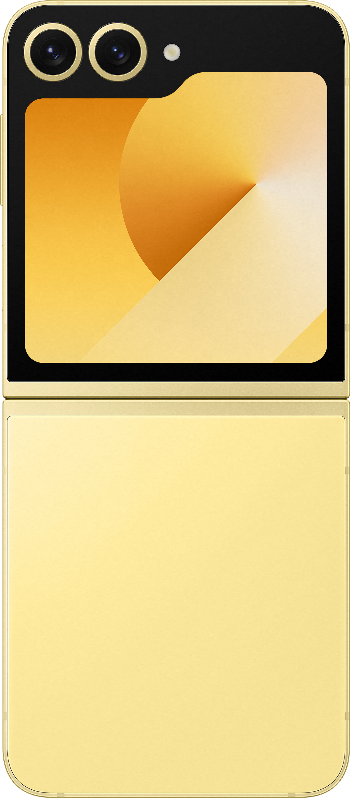Téléphone pliable avec un extérieur jaune doré, deux caméras et des bordures noires.