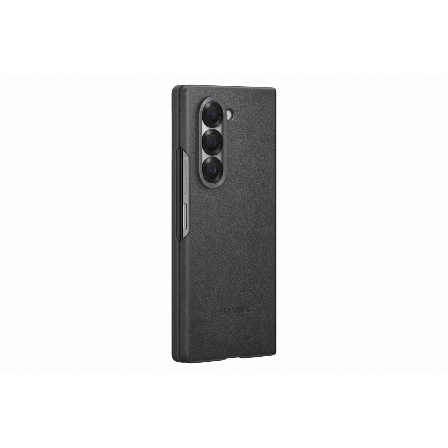 Een zwarte opvouwbare telefoon met een camera, de merknaam "SAMSUNG" is zichtbaar.