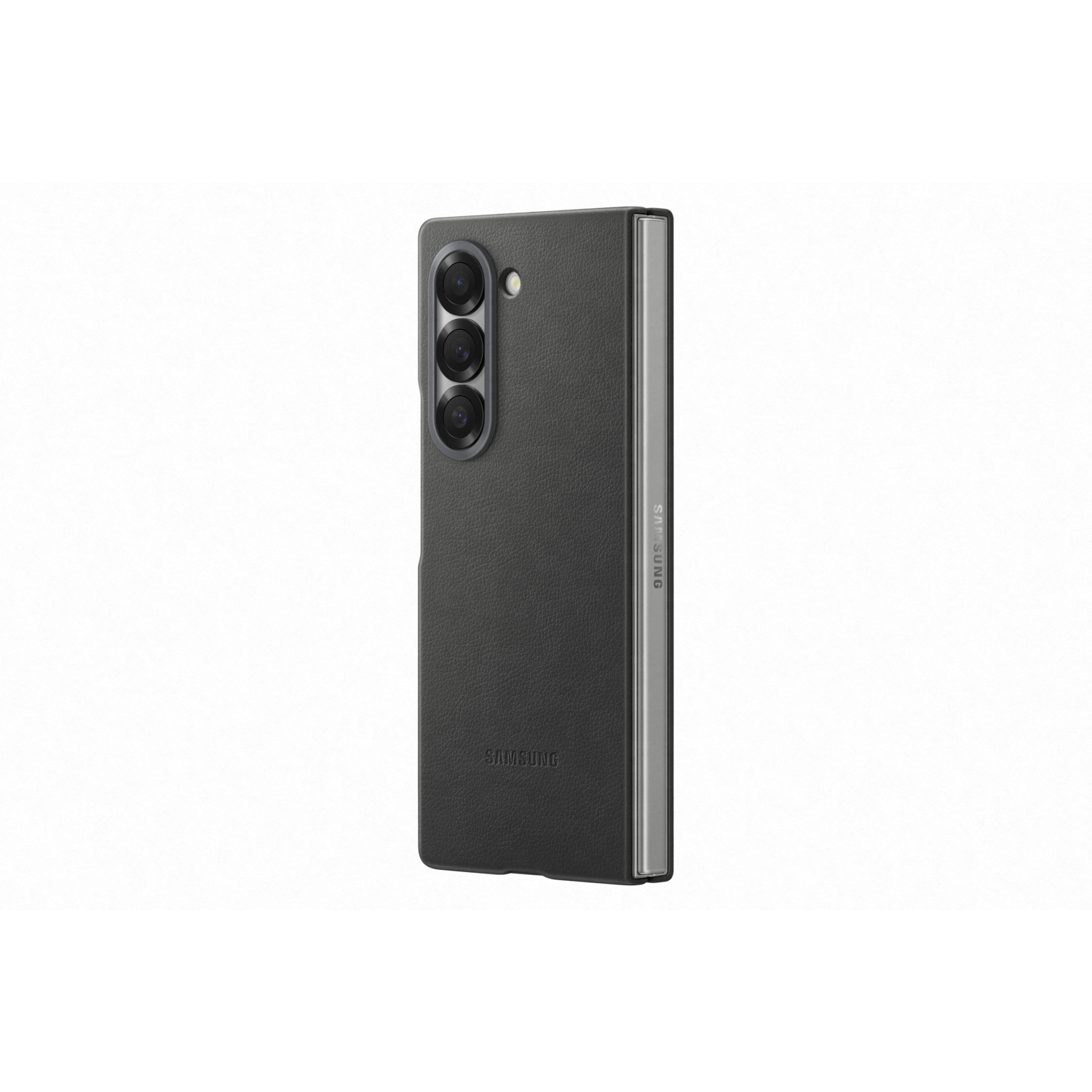 Een gesloten zwarte telefoon. De telefoon heeft drie camera's, een Samsung-logo en een zilveren scharnier.