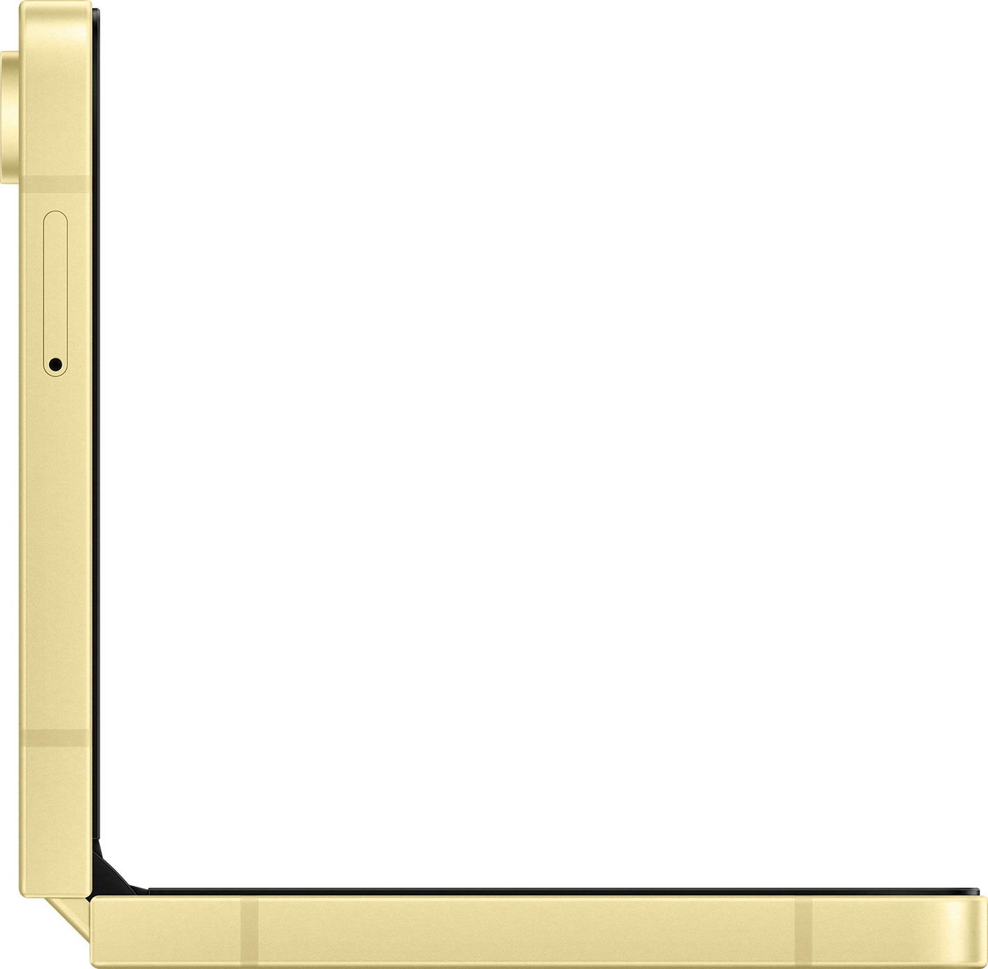 Un téléphone pliable jaune, montrant son profil latéral, sur un fond noir.