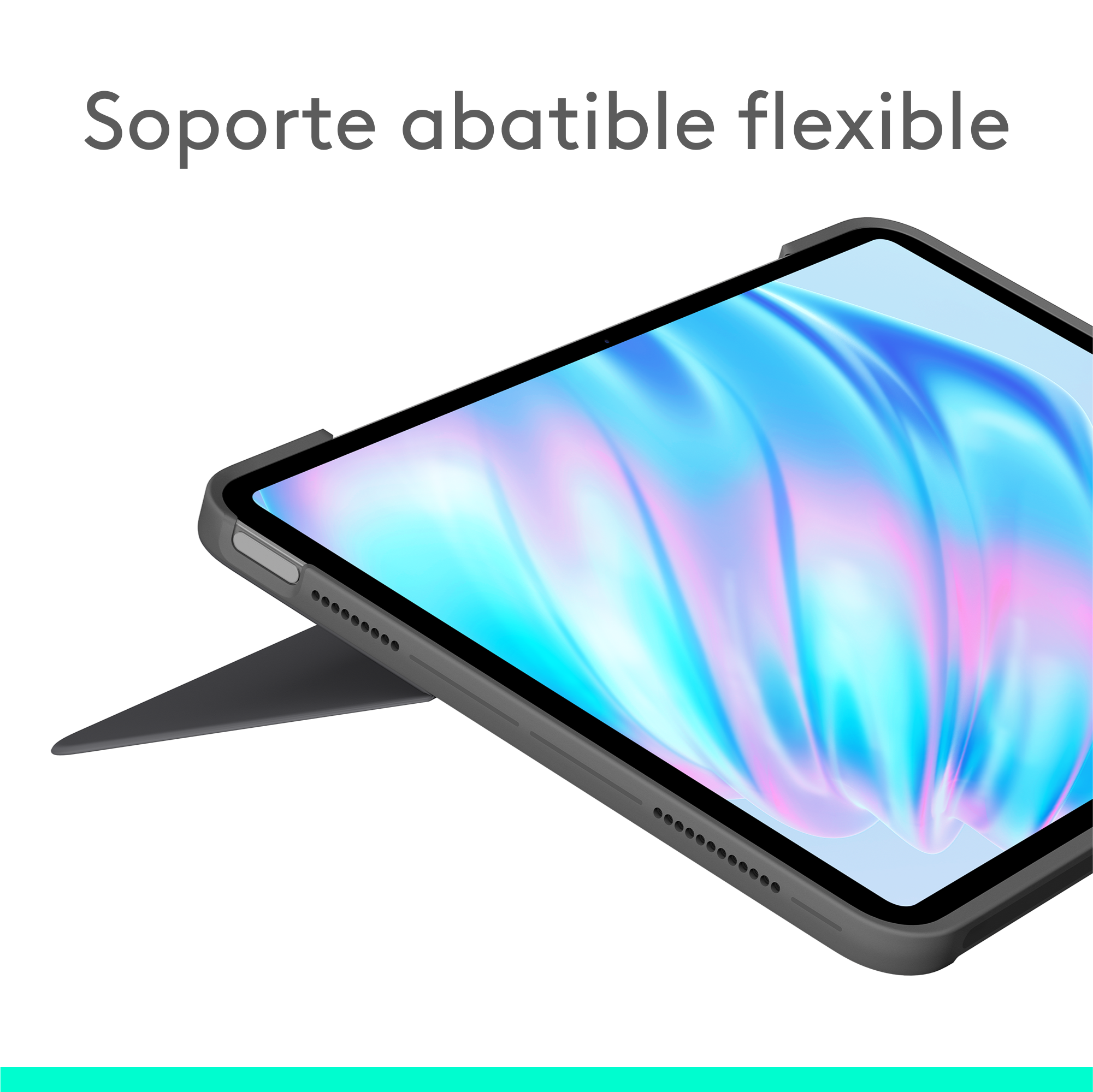 Tableta con funda negra y soporte, pantalla azul claro.