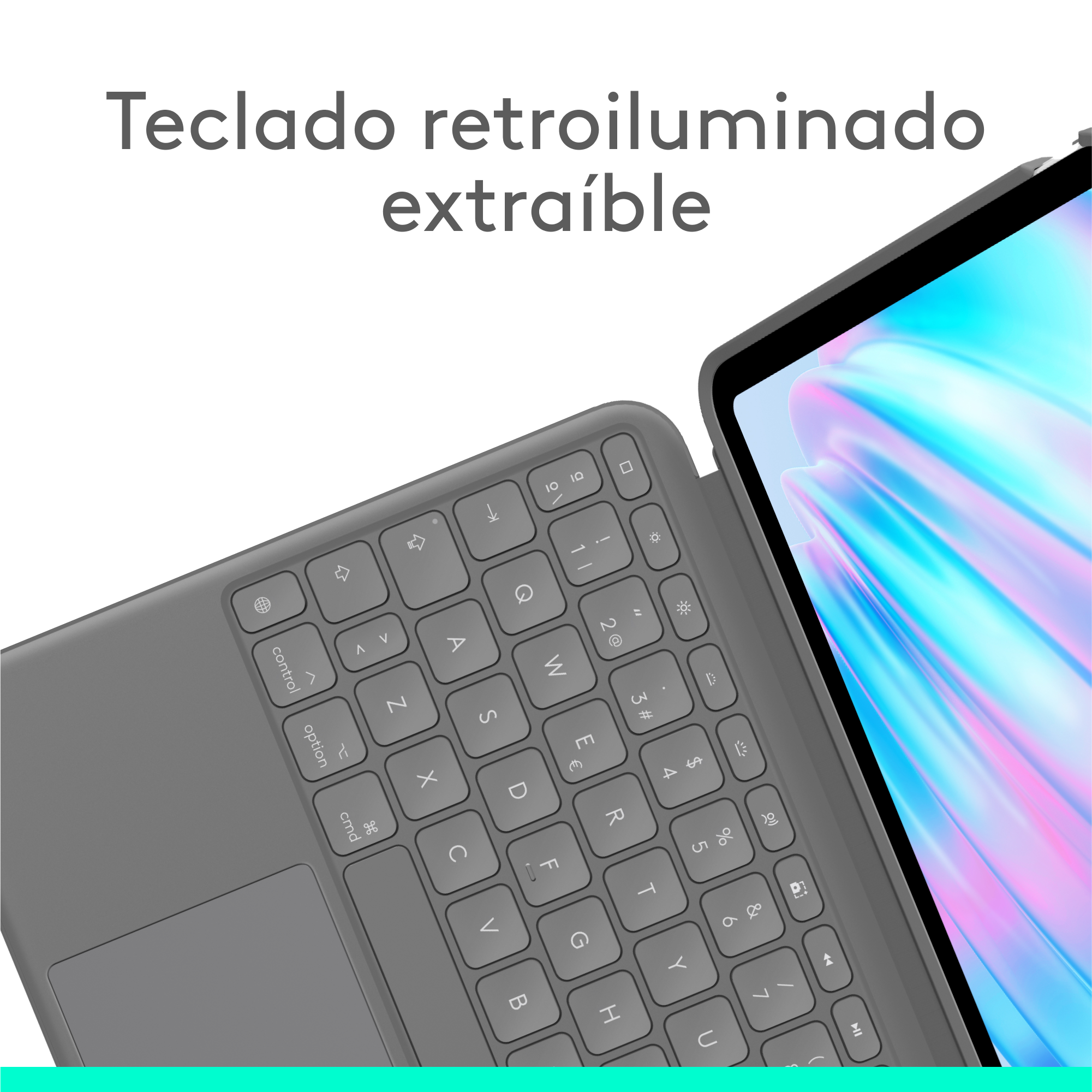 Teclado gris con tableta adjunta. Texto: Teclado retroiluminado extraíble. Teclado en ángulo.