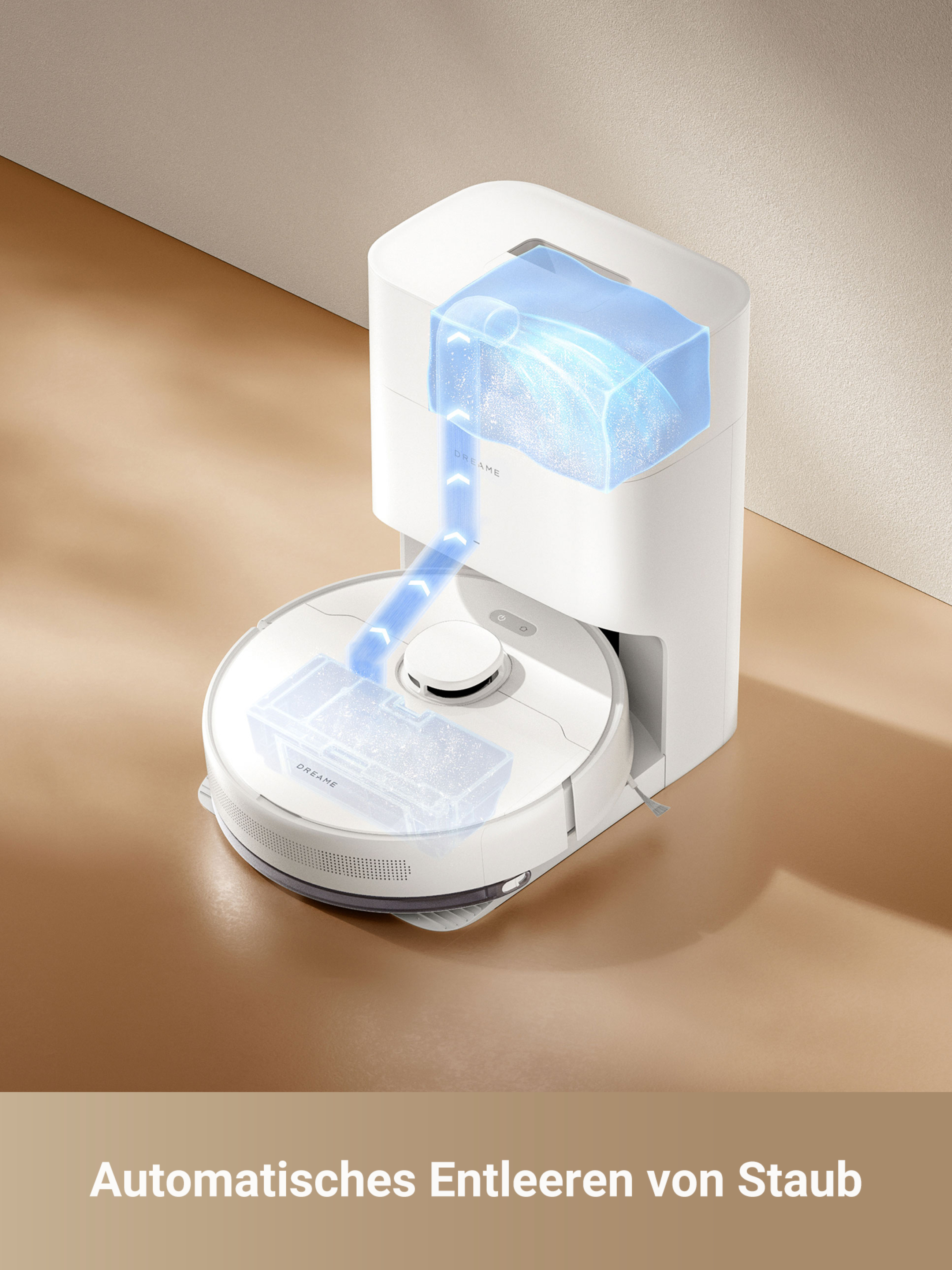 Weißer Roboter-Staubsauger mit weißer Ladestation und braunem Boden.