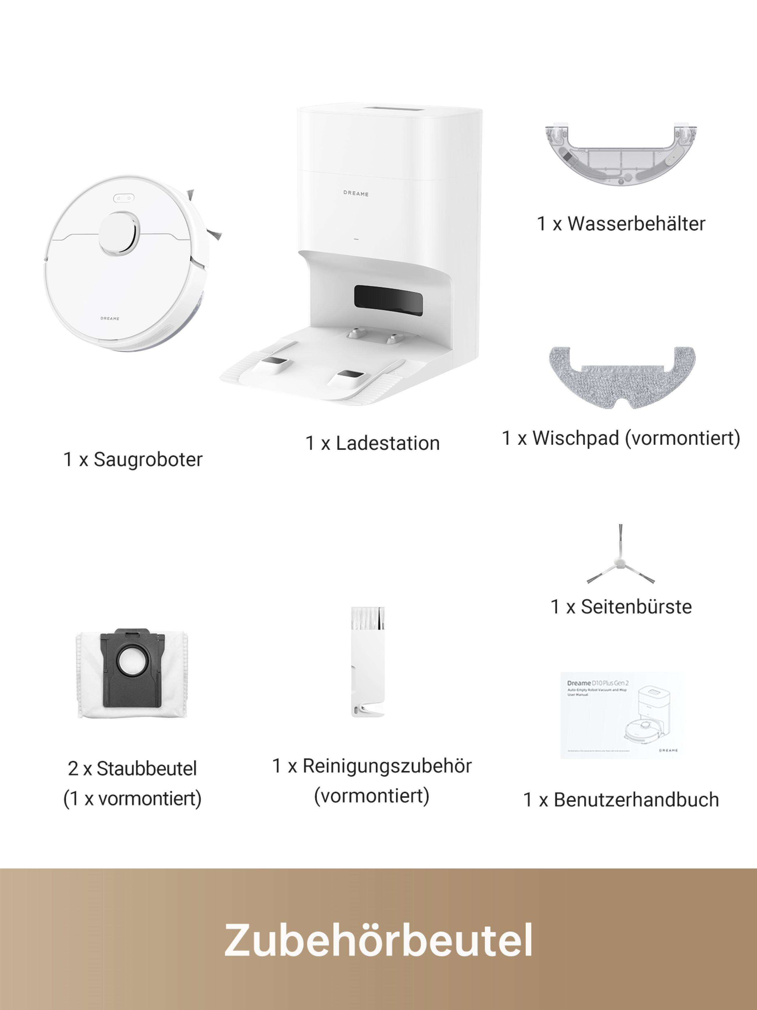 Roboter-Staubsauger und Zubehör. Weißer Hintergrund, verschiedene Teile mit deutschen Beschriftungen.