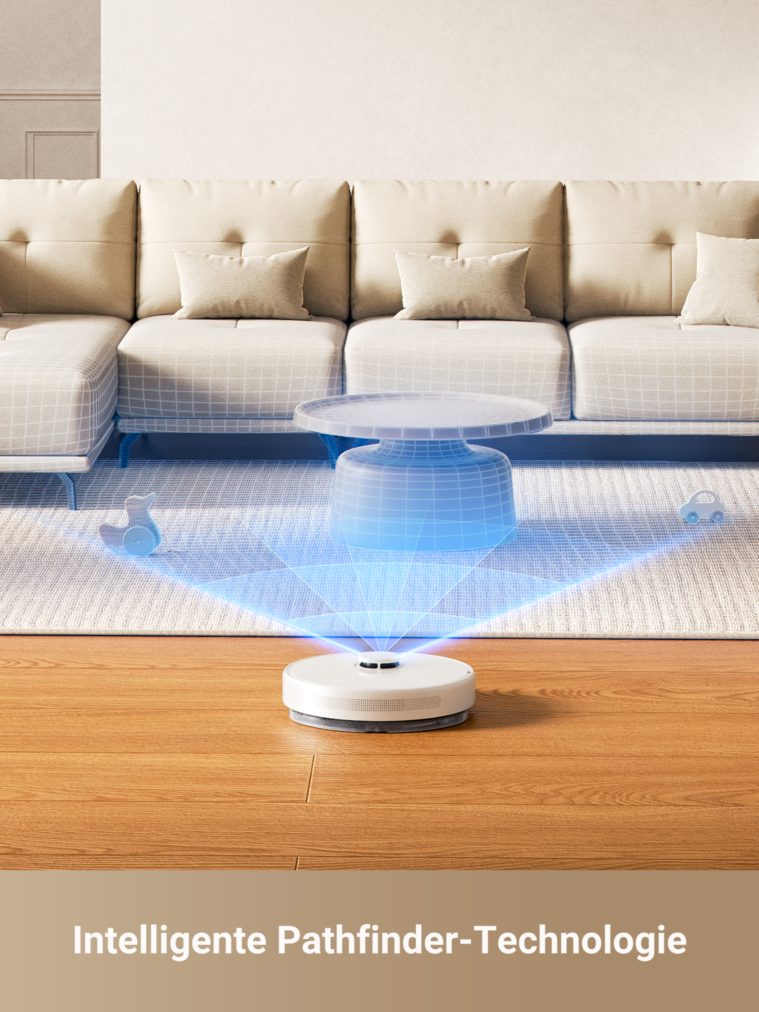 Roboter-Staubsauger auf Holzboden. Ein virtuelles blaues Gitter zeigt den Reinigungspfad. Hintergrund ist Sofa.