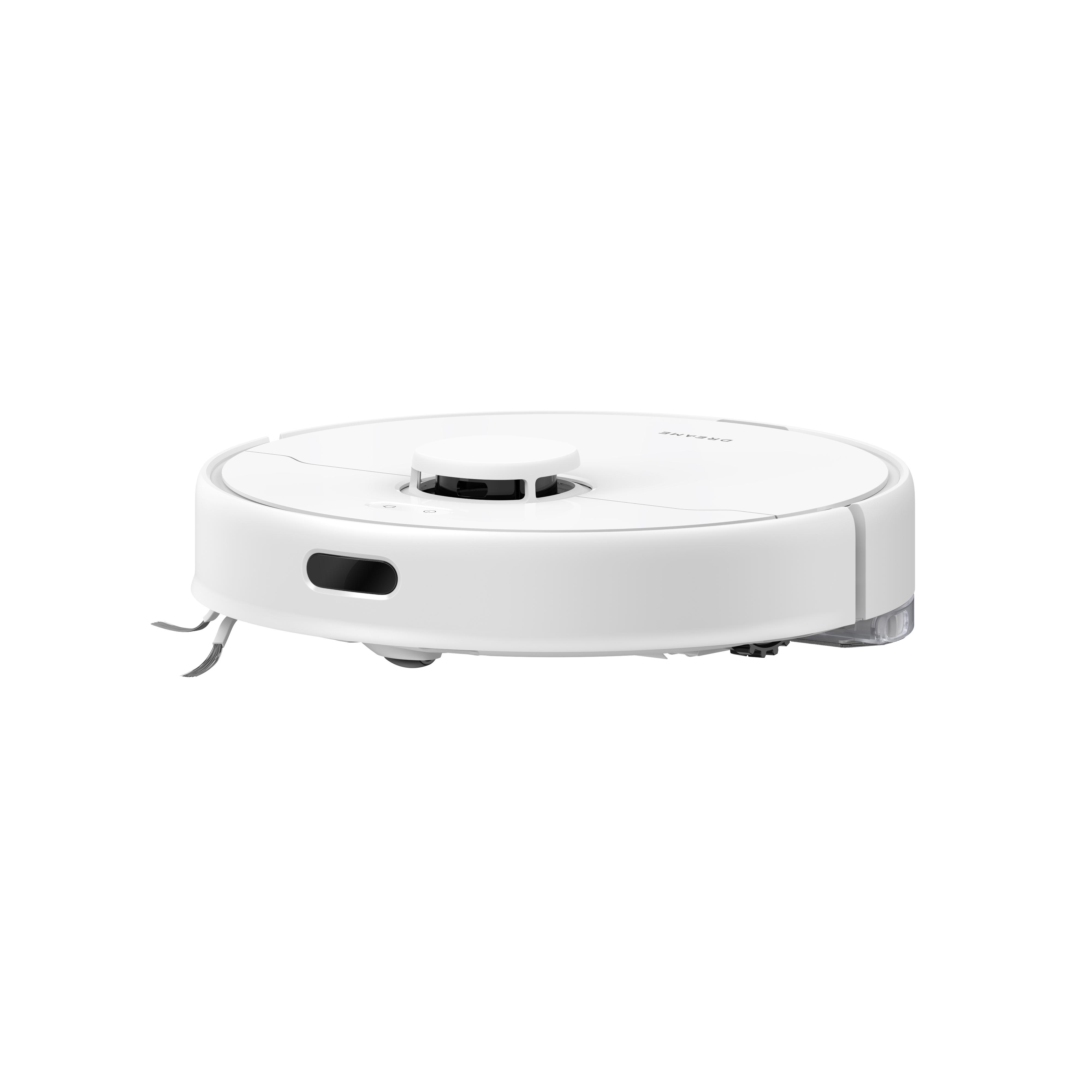 Ein weißer Roboter-Staubsauger mit runder Form und kleiner schwarzer Fläche oben.