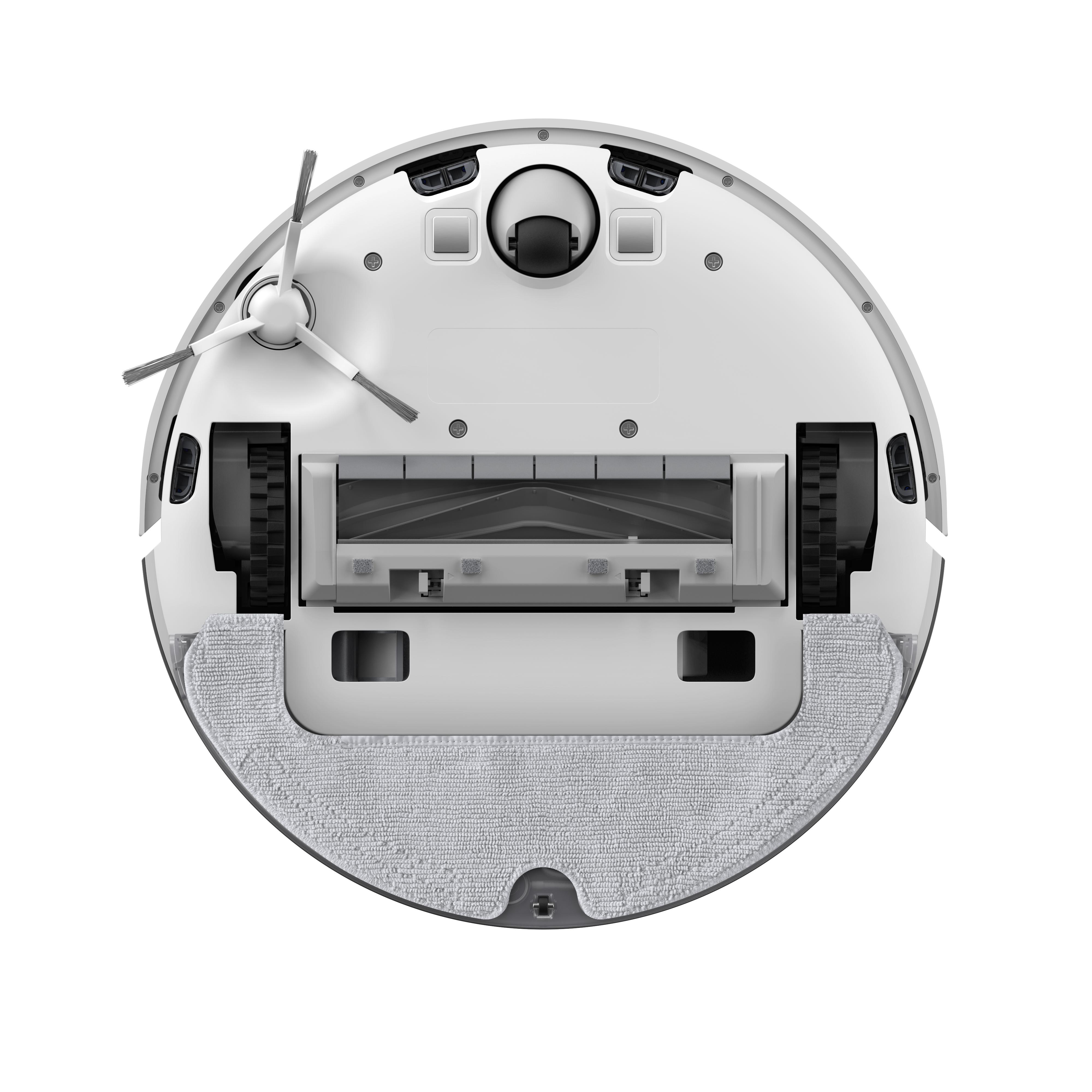 Ein Roboter-Staubsauger von unten. Zeigt Bürsten, Räder und ein Wischpad.