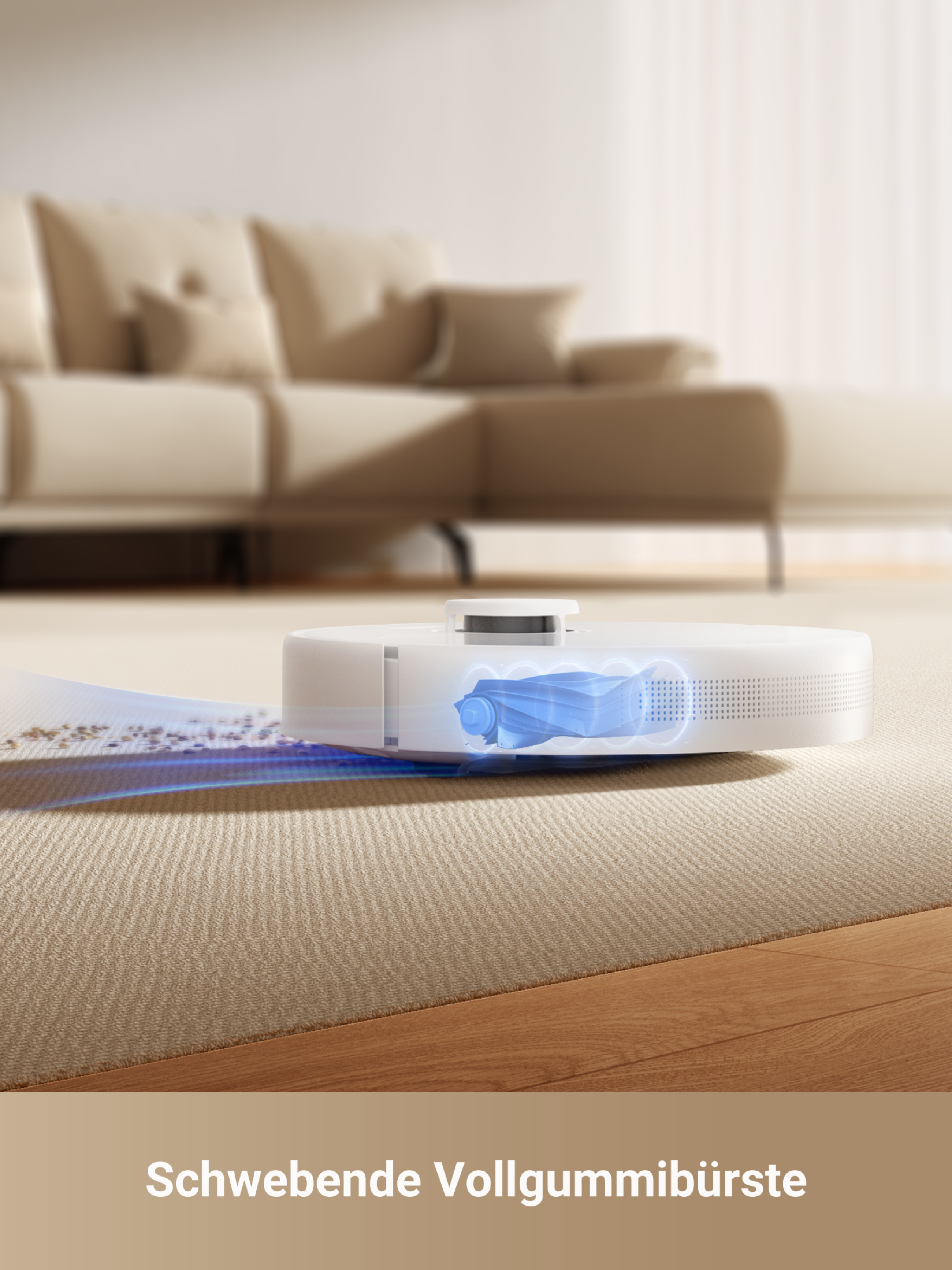 Weißer Roboter-Staubsauger reinigt einen Teppichboden, mit verschwommenem Hintergrund eines Raumes.