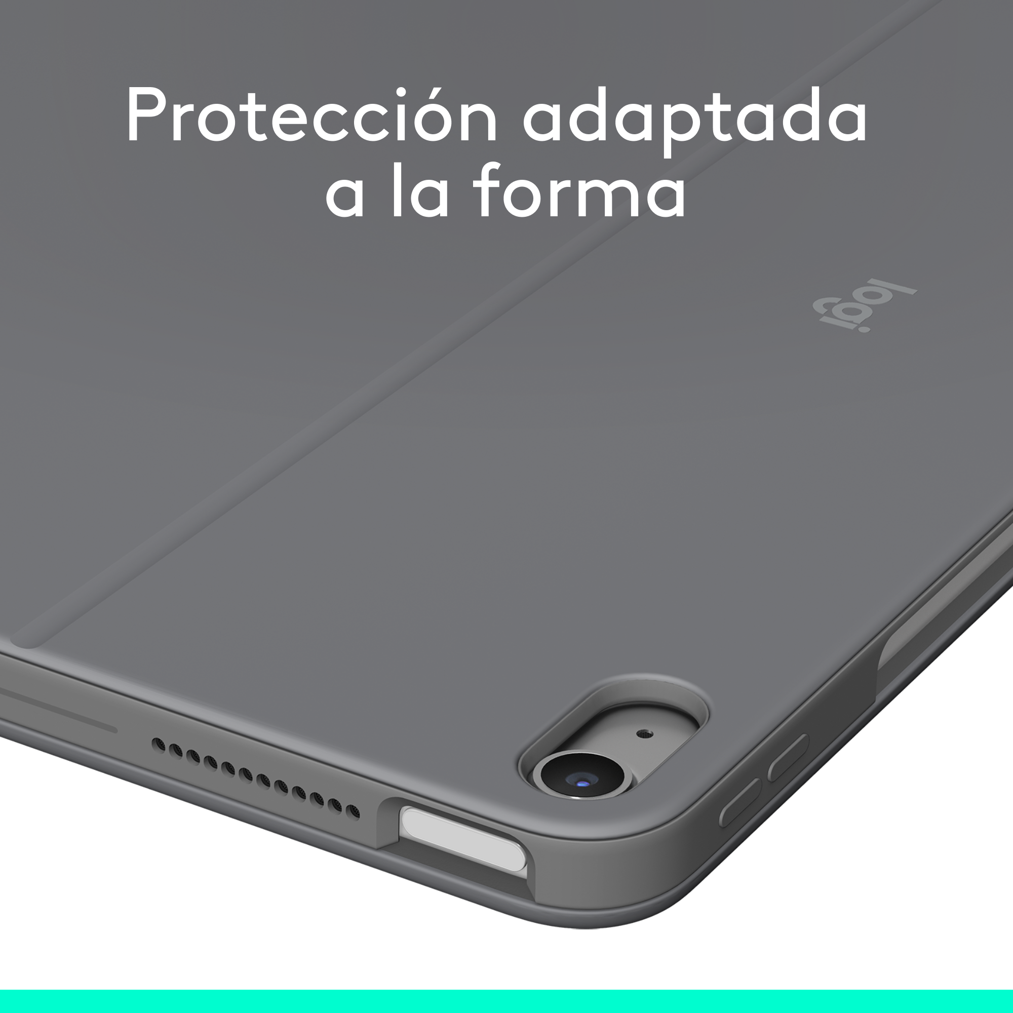 Una funda gris para tableta sobre un fondo blanco. El texto dice: Protección adaptada a la forma, con una cámara.