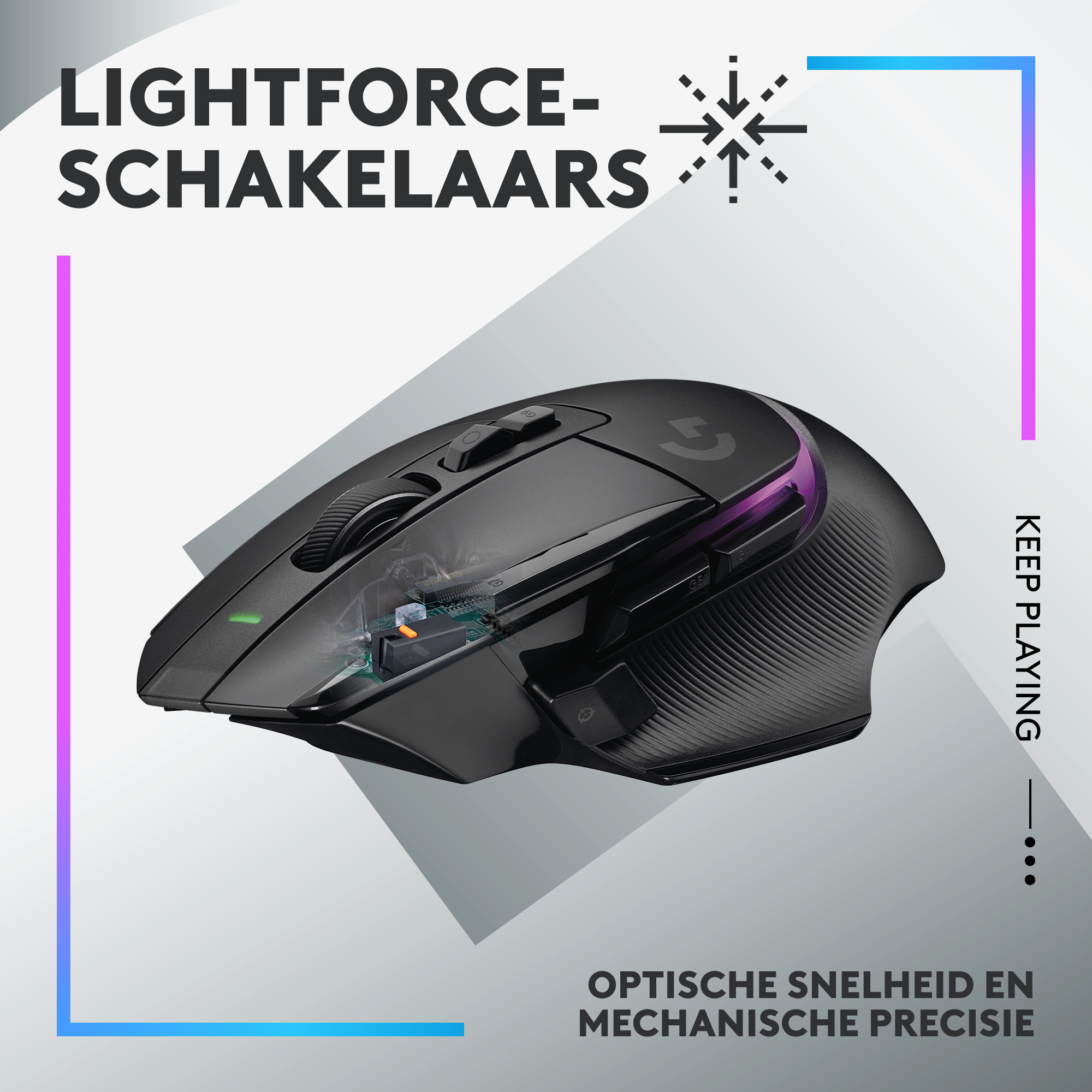 A black gaming mouse with lights and text on a contrasting background, promoting features.