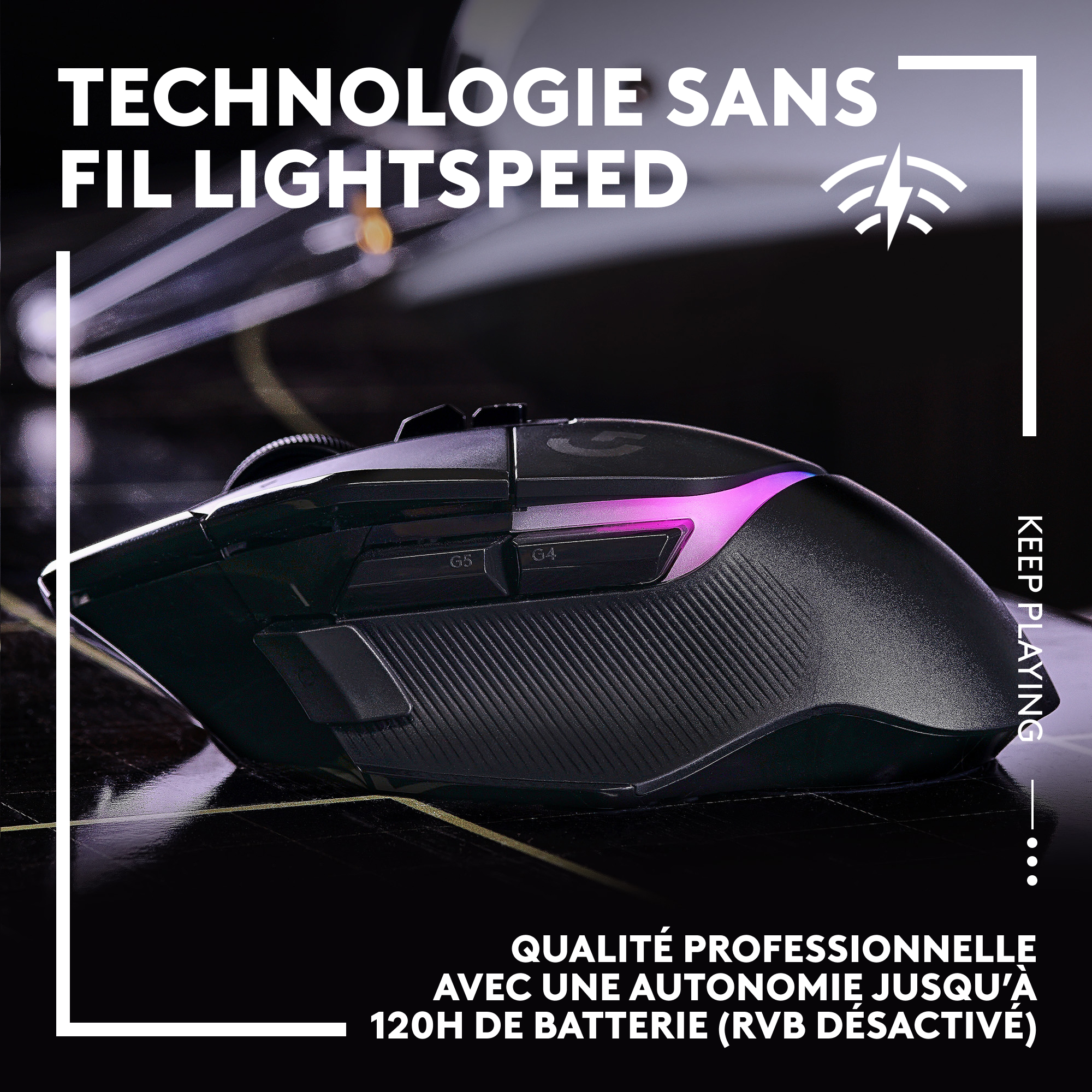 Souris gaming noire, illuminée. Texte : 'TECHNOLOGIE SANS FIL LIGHTSPEED'.